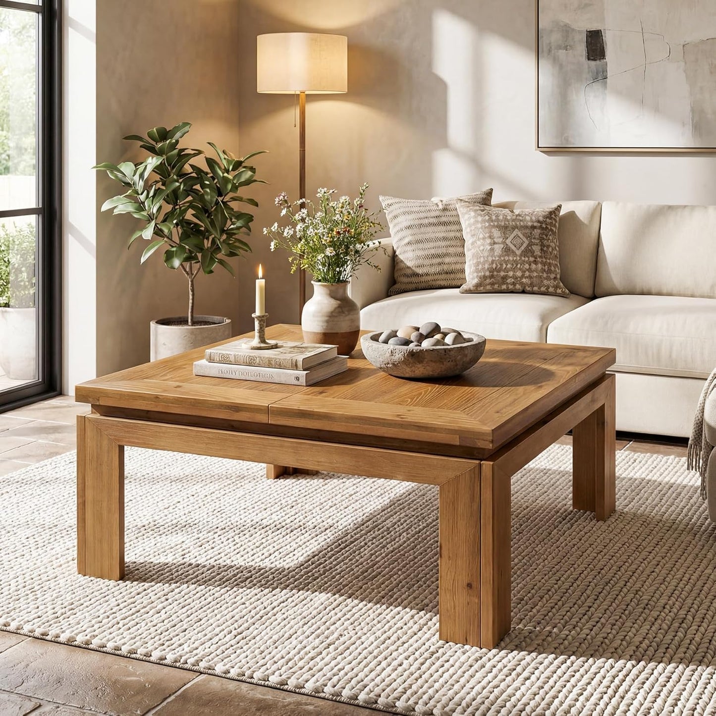 Solid Wood Square Coffee Table, 39.4" x 39.4" Farmhouse Cocktail Center Table with Recessed Edge Design, Easy Assembly, Living Room, Natural Brown