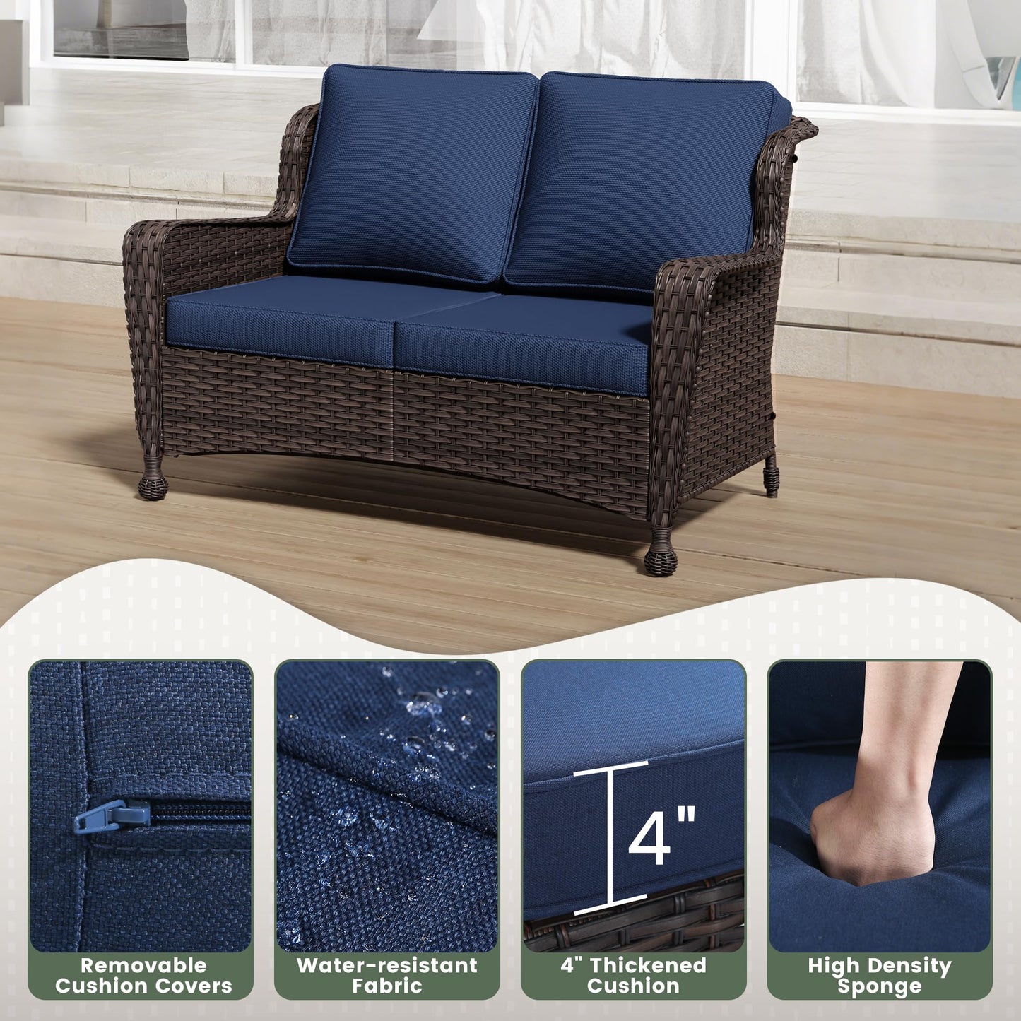 Wicker Patio Loveseat, All-Weather Rattan 2-Seat Sofa with Cushions, Outdoor Patio Furniture Set for Patio, Balcony, Backyard, Deck, Poolside