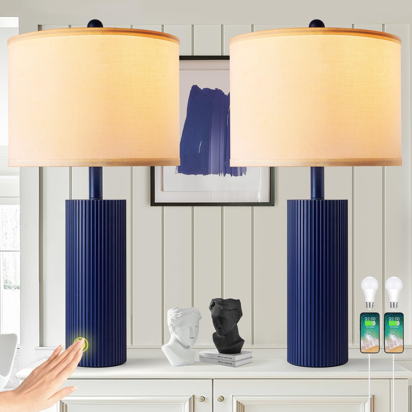 24.5" Black Lamps Set of 2, Modern Table Lamps for Living Room with USB C+A Ports, Creative Stripe Touch Lamps for Nightstand, 2 Bulbs Included