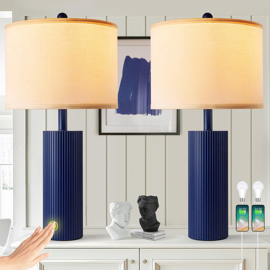 24.5" Black Lamps Set of 2, Modern Table Lamps for Living Room with USB C+A Ports, Creative Stripe Touch Lamps for Nightstand, 2 Bulbs Included