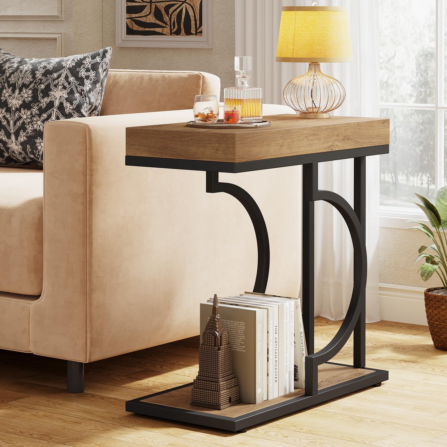 Tribesigns Narrow Side Table for Couch, C Shaped End Table with Metal Frame, Modern Bedside Tables, Small Sofa Tables for Small Spaces, Living Room (1, Brown+Black)