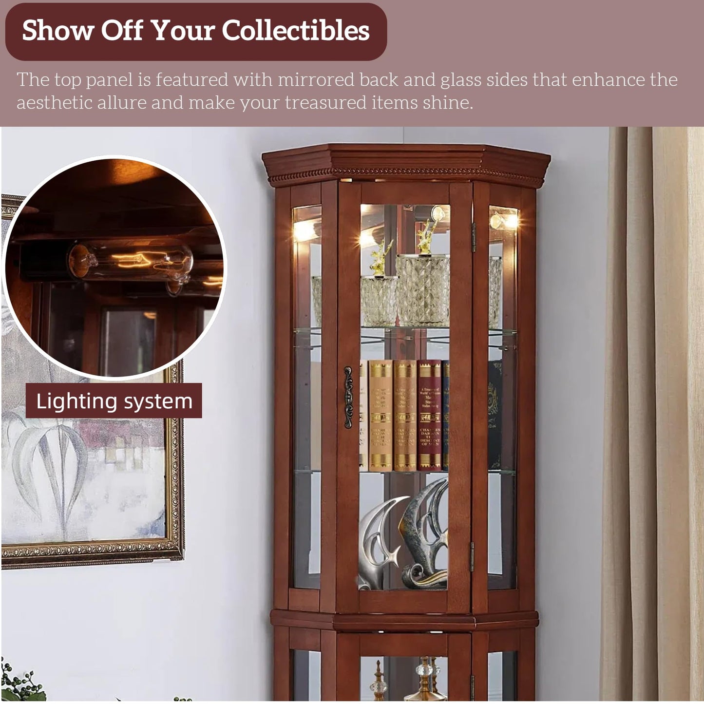 LKTART Curio Glass Display Cabinet, 70" Tall Corner Storage Cabinet with Lights and Mirrored Back Panel,China Cabinet with Tempered Glass Doors and Shelves(Walnut)