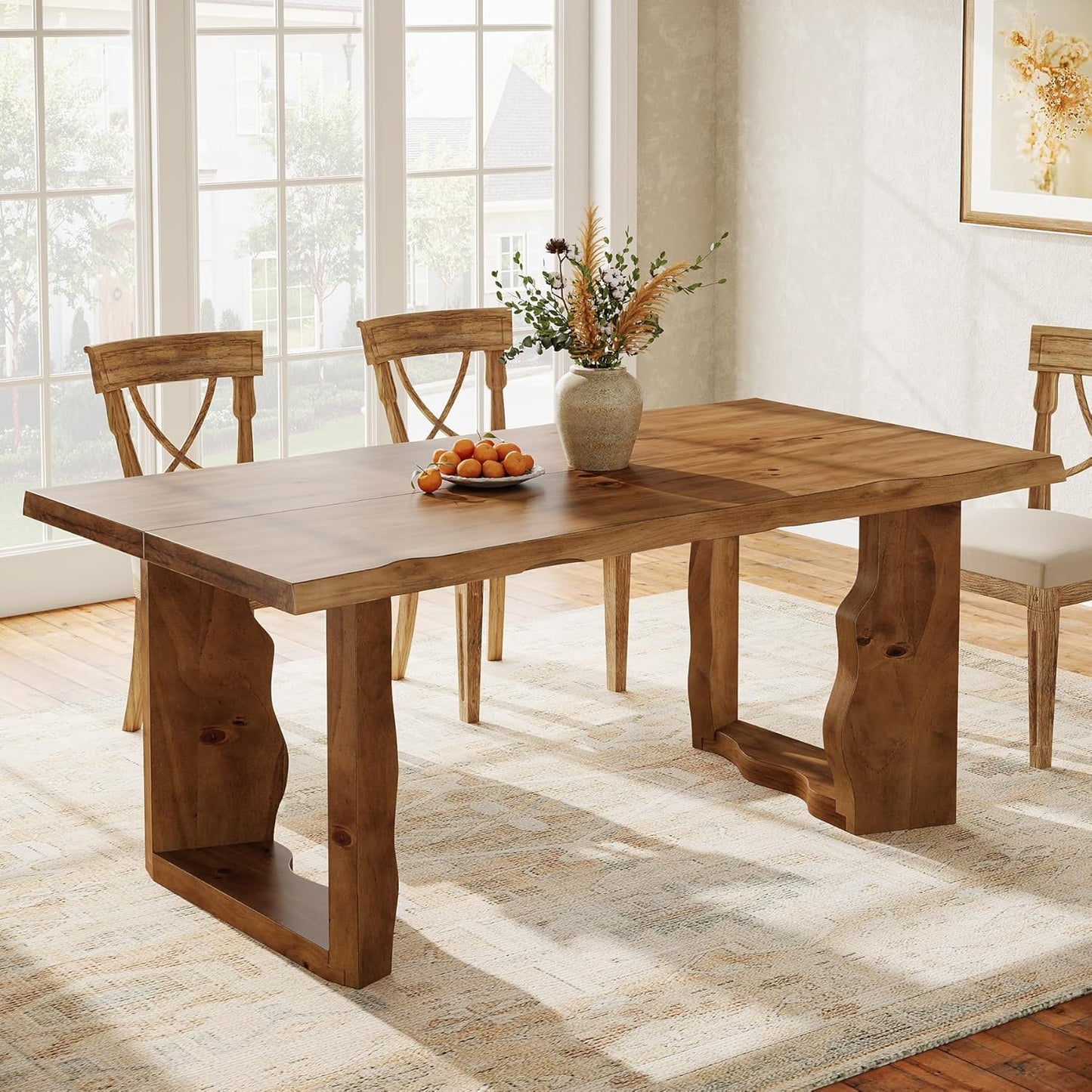 63" Live Edge Solid Wood Dining Table, Modern Rustic Kitchen Table with Sculptural Legs, 6-Person Rectangular Dinner Table for Dining Room, Kitchen,Natural Walnut Finish