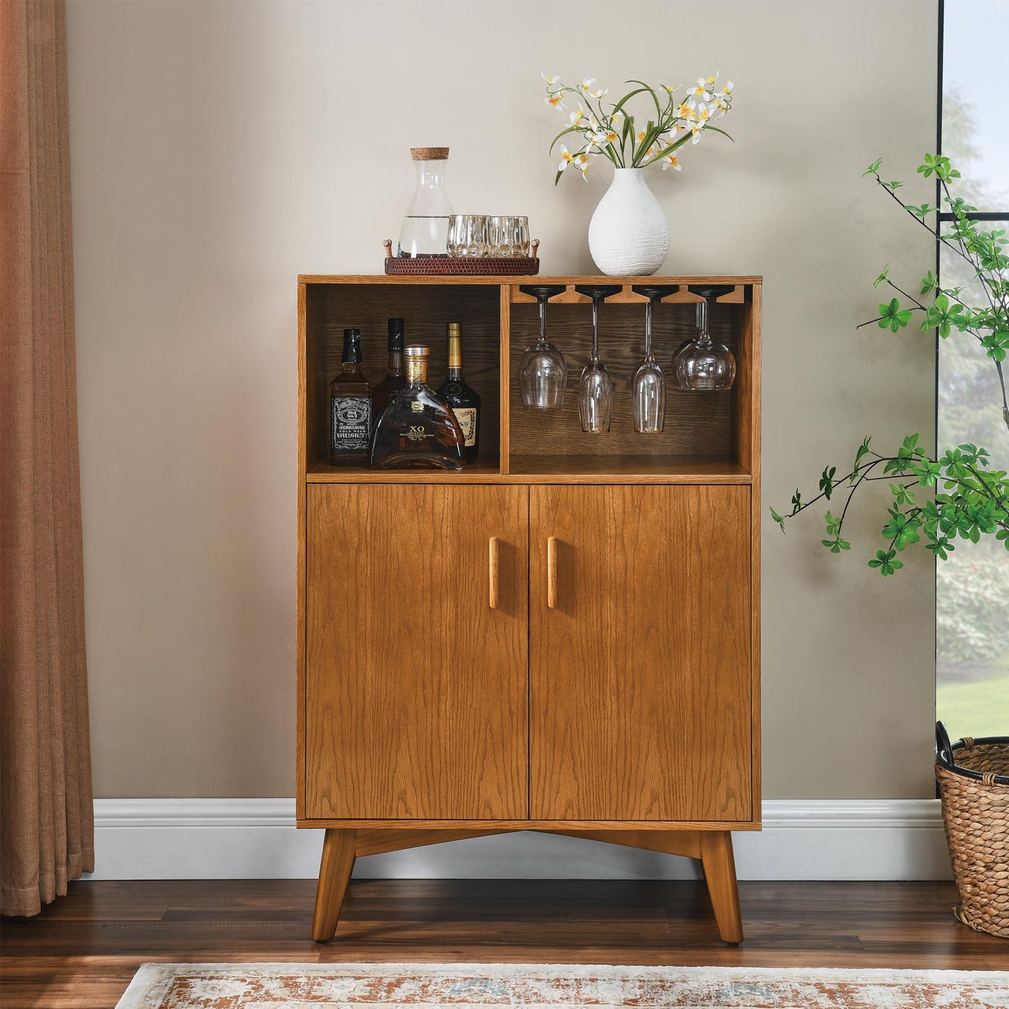 LKTART Wine Cabinet & Coffee Bar with Bottle Holders & Stemware Racks,Liquor Cabinet with Open Storage and Built-in Door Shelves,Bar Cabinet with Solid Wood Legs and Adjustable Shelf