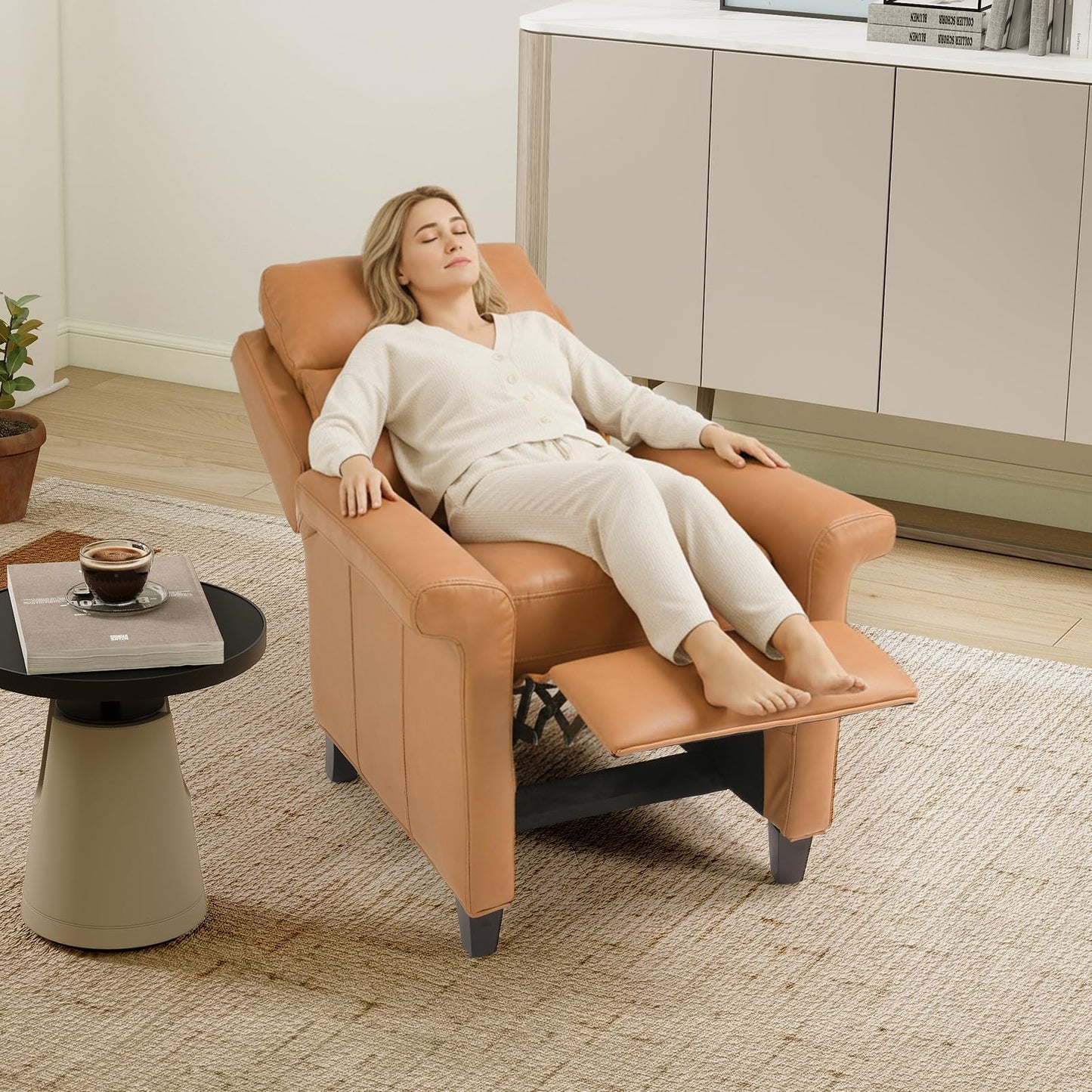 IOMOR Push Back Recliner Chair, Faux Leather Lounge Armchair with Footrest, Decoration Single Sofa Accent Chair for Living Room, Bedroom, Small Spaces (1, L-Brown)