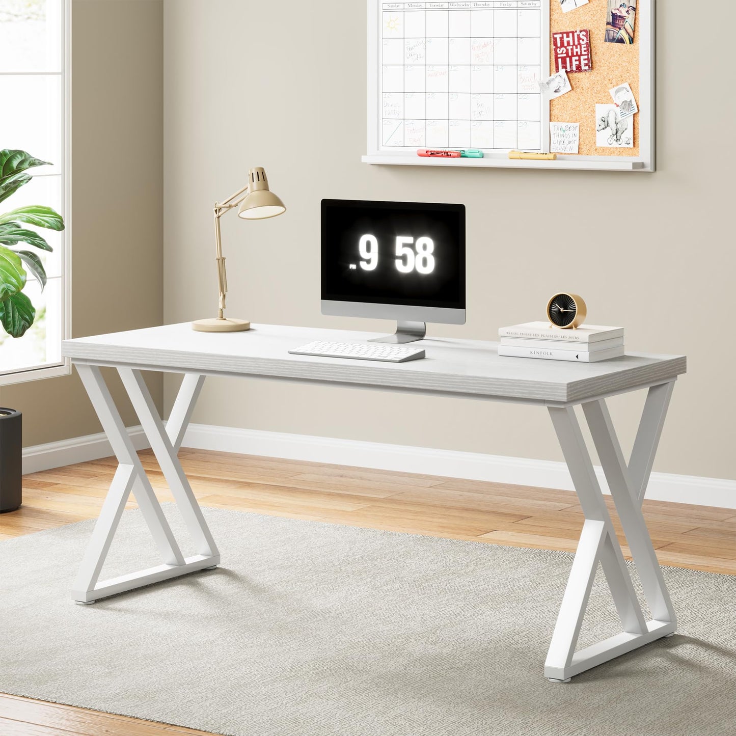 Tribesigns Modern Walnut/White 55" Heavy Duty Computer Desk, Study & Work Desk, 23.6"D x 55.1"W x 29.5"H, Z-Shaped Metal Legs, 330 lbs Capacity