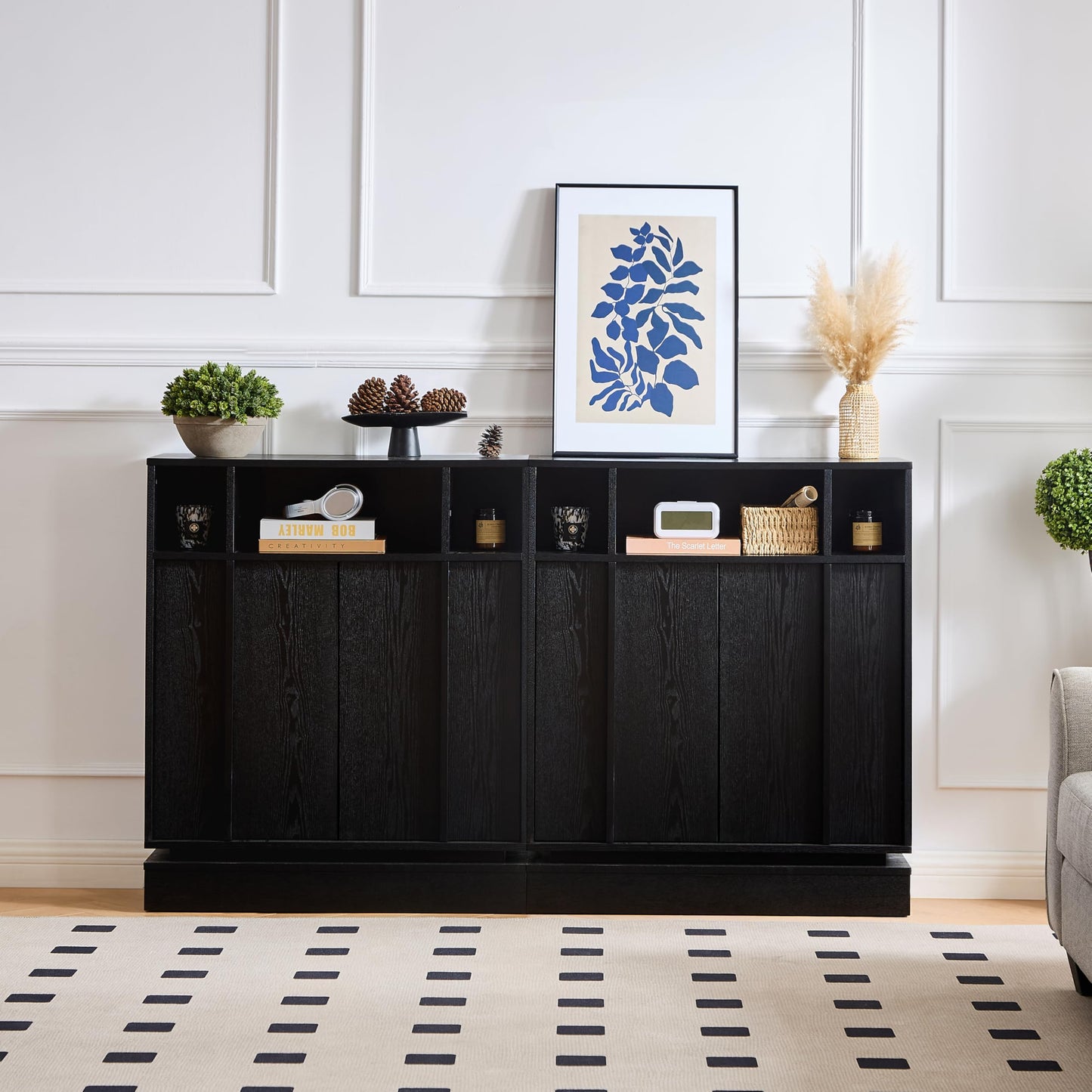 LKTART 63" Rattan Sideboard Buffet Cabinet,Kitchen Storage Cabinet,Wood Coffee Bars with 4 Doors & Open Storage Shelves,Mid Century Modern Credenza Console Table for Living Room,Walnut