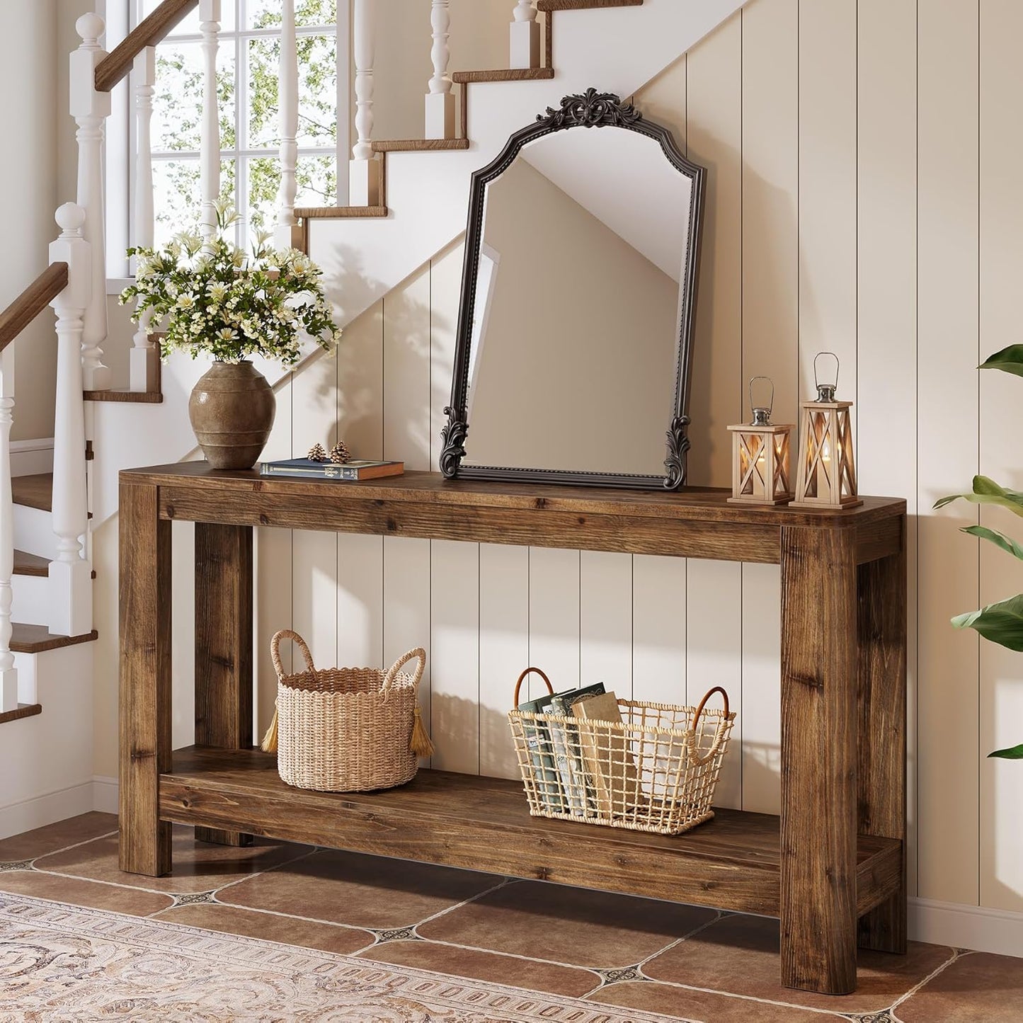 Solid Wood Console Table for Entryway, 63" Farmhouse Slim Sofa Table with 2-Tier Storage Shelf, Rustic Modern Narrow Hall Entry Furniture for Living Room, Entrance, Foyer, Hallway or Bedroom