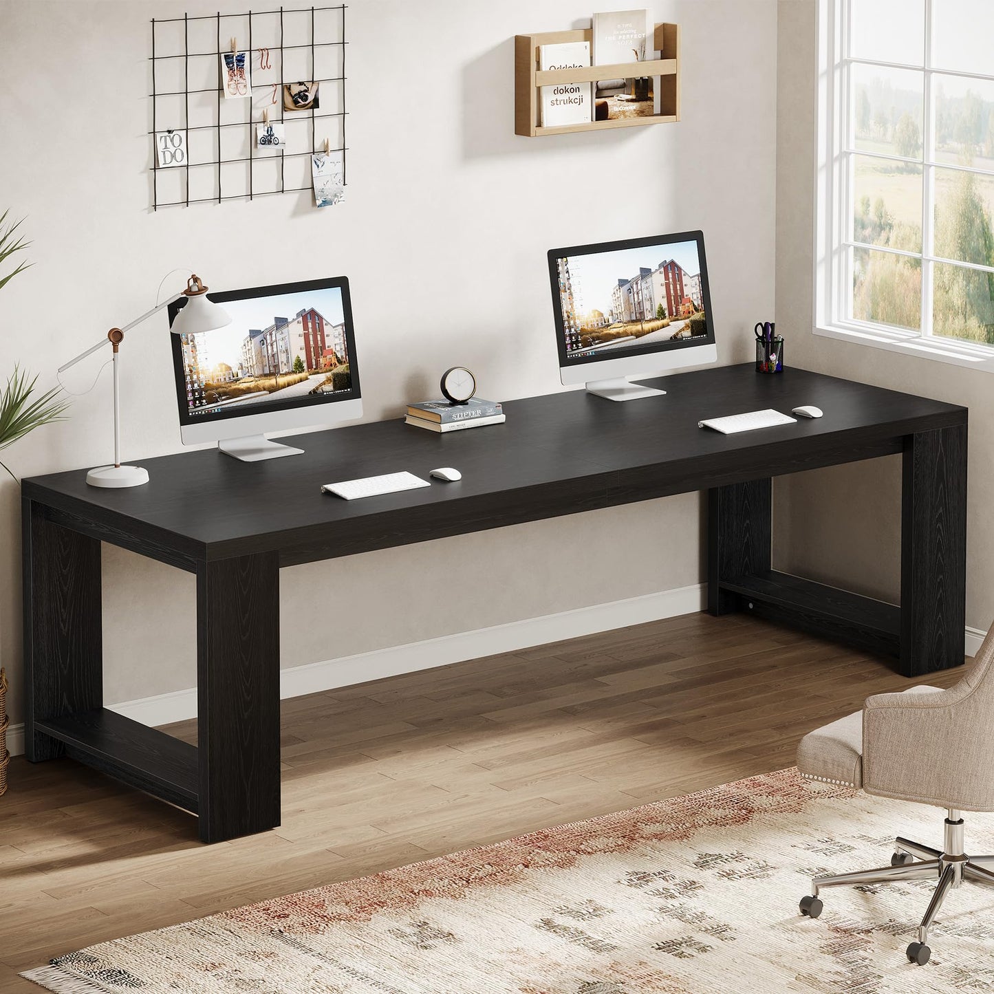 Tribesigns Two Person Desk, 86.6 Inches Extra Long Desk, Double Computer Writing Table, Wood Large Desks Workstation for Home Office, Natural Wood