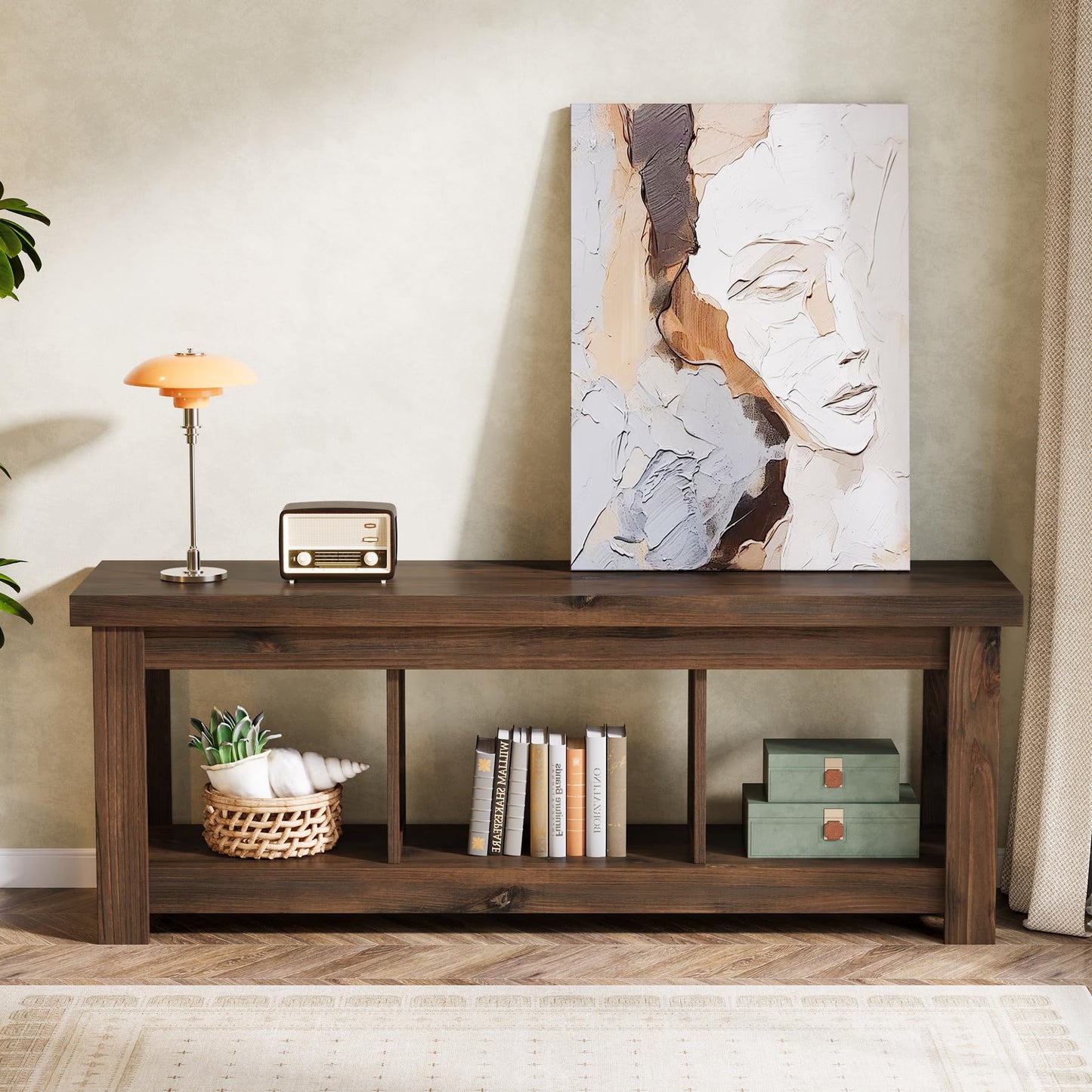 Solid Wood Console Table, 63-Inch Entryway Table with Storage, Long Wooden Sofa Table Behind Couch for Entryway, Hallway, Foyer, Living Room, Natural Wood