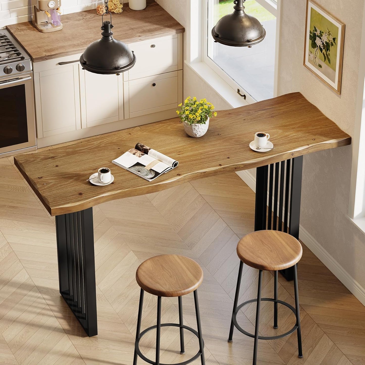 63-Inch Long Bar Table, Solid Wood Pub Table with Metal Legs, Industrial Rectangular High Top Bar Unit for Home Bar, Kitchen, Dining Room, Bistro