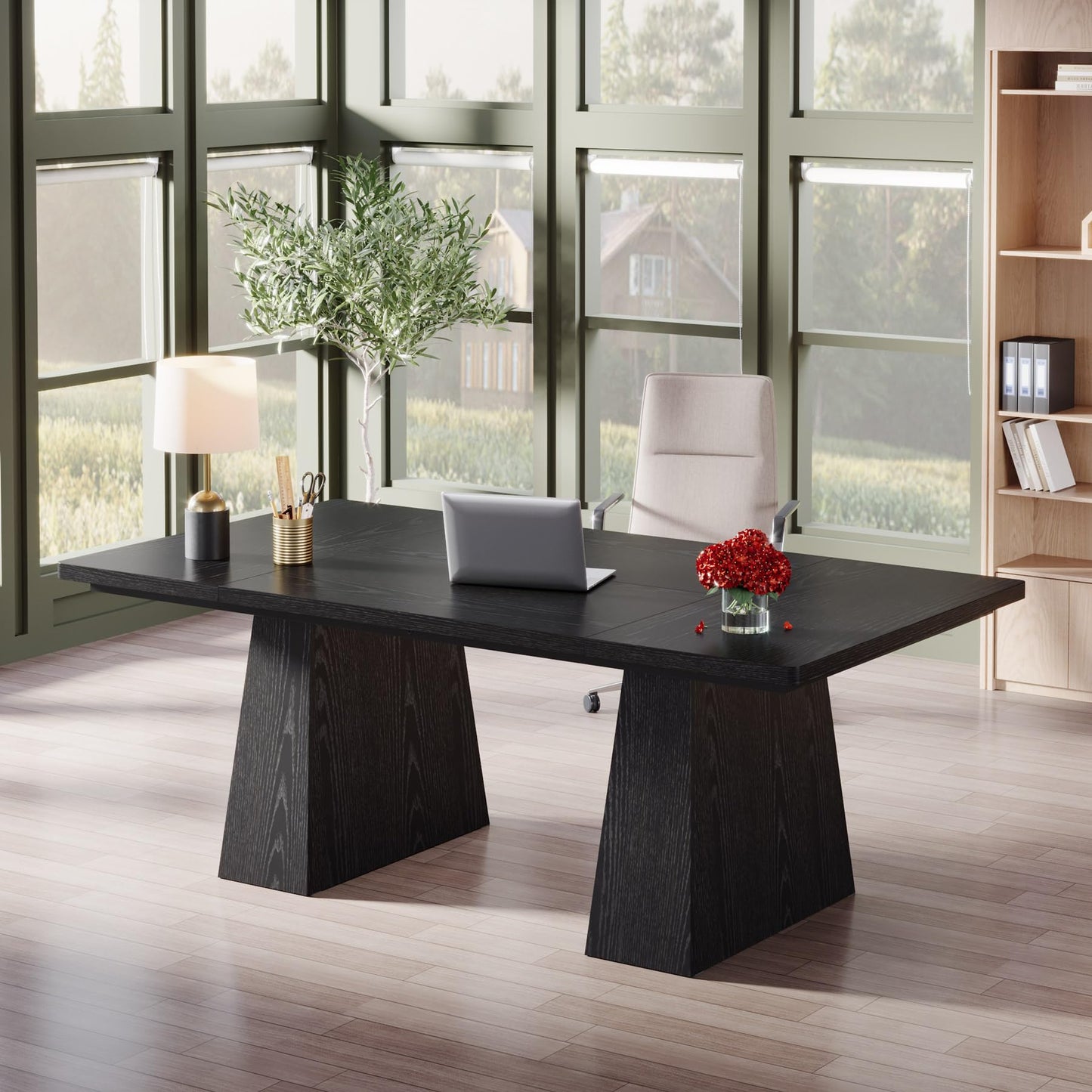 Tribesigns 63-Inch Executive Desk, Large Office Computer Desk with Double Pedestal, Modern Simple Workstations Writing Table Conference Table Business Furniture for Home Office, Light Brown