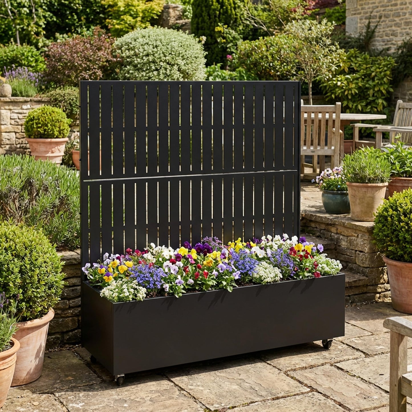 Metal Raised Garden Bed with Trellis and Wheels, 71"x47"x16" Planter Box with Privacy Screen & Drainage Holes, Arched Outdoor Garden Bed for Climbing Plants, Vegetables, Flowers (Black-Square)