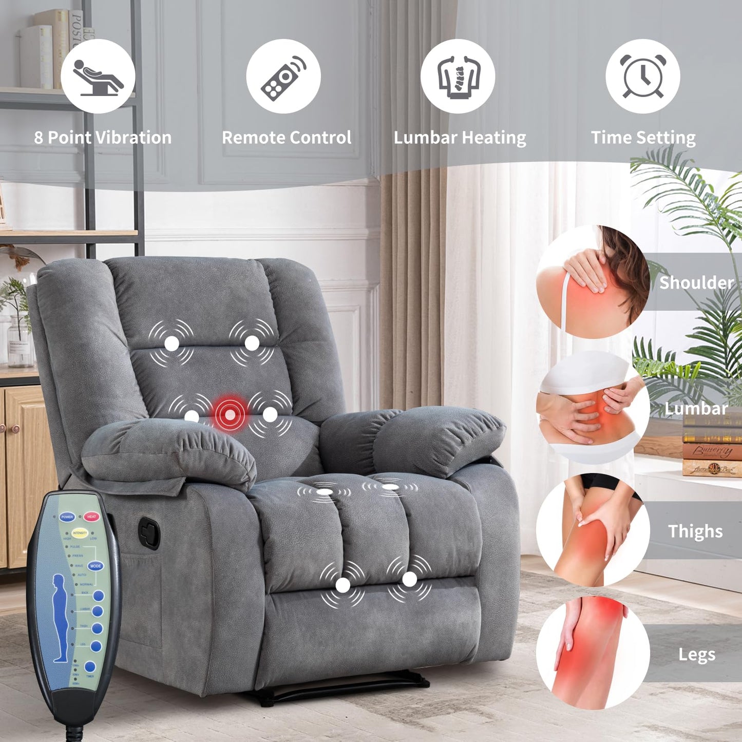 IOMOR Massage Recliner Chair with Heat and Massage, Ergonomic Overstuffed Breathable Fabric Reclining Chairs, Single Sofa Chair with Side Pockets for Living Room Home Theater (Dark Gray)