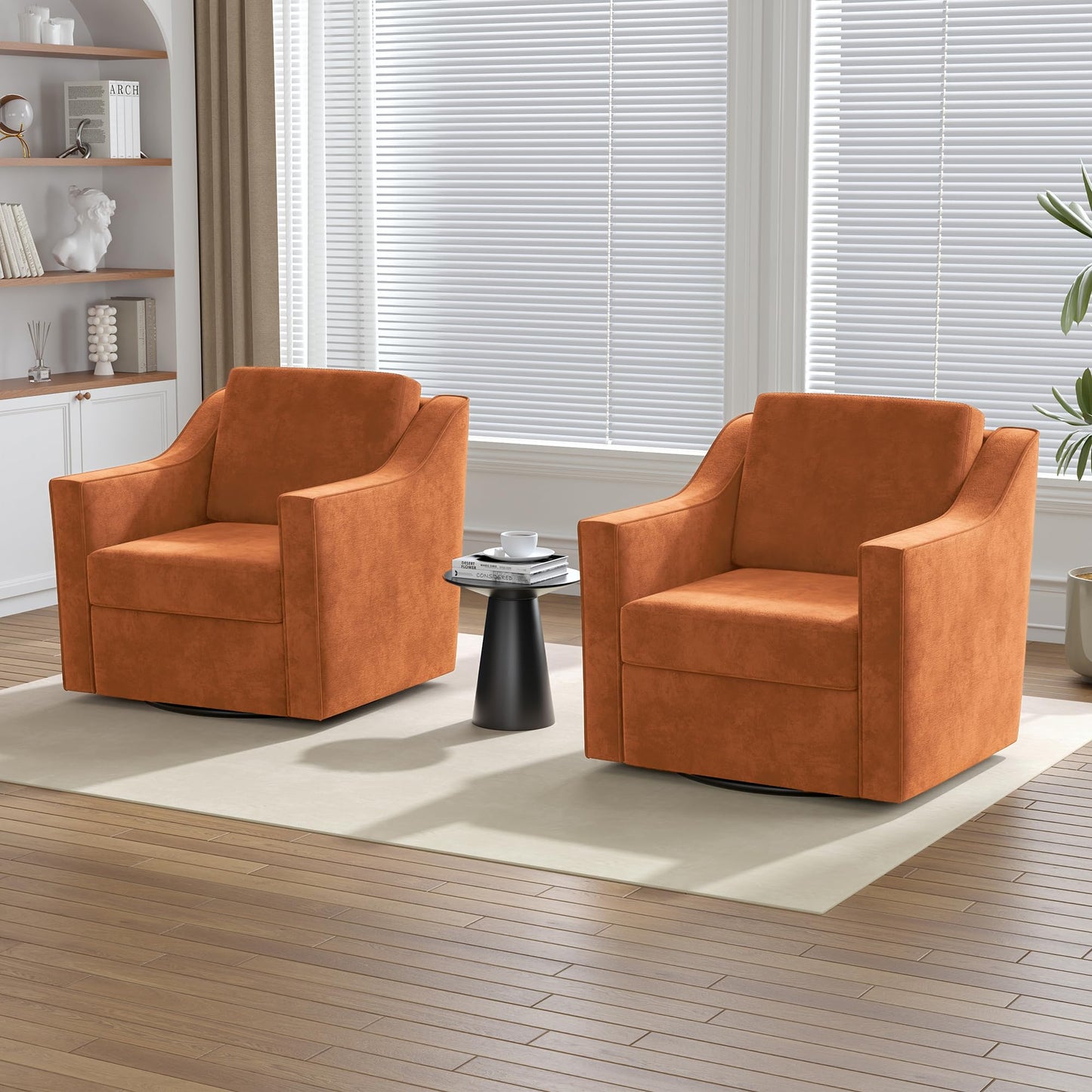 Swivel Accent Chairs Set of 2, 360° Swivel Upholstered Faux Leather Club Armchairs for Living Room, Comfy Single Sofa Reading Chair with Deep Seat, Metal Swivel Base, Coffee