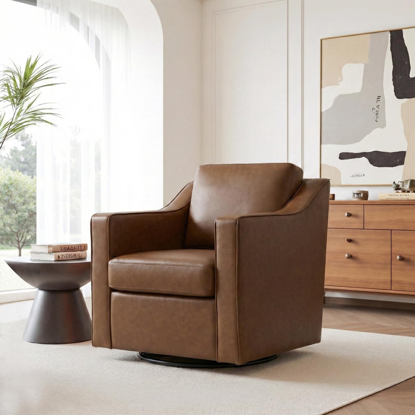 Swivel Accent Chairs Set of 2, 360° Swivel Upholstered Faux Leather Club Armchairs for Living Room, Comfy Single Sofa Reading Chair with Deep Seat, Metal Swivel Base, Coffee