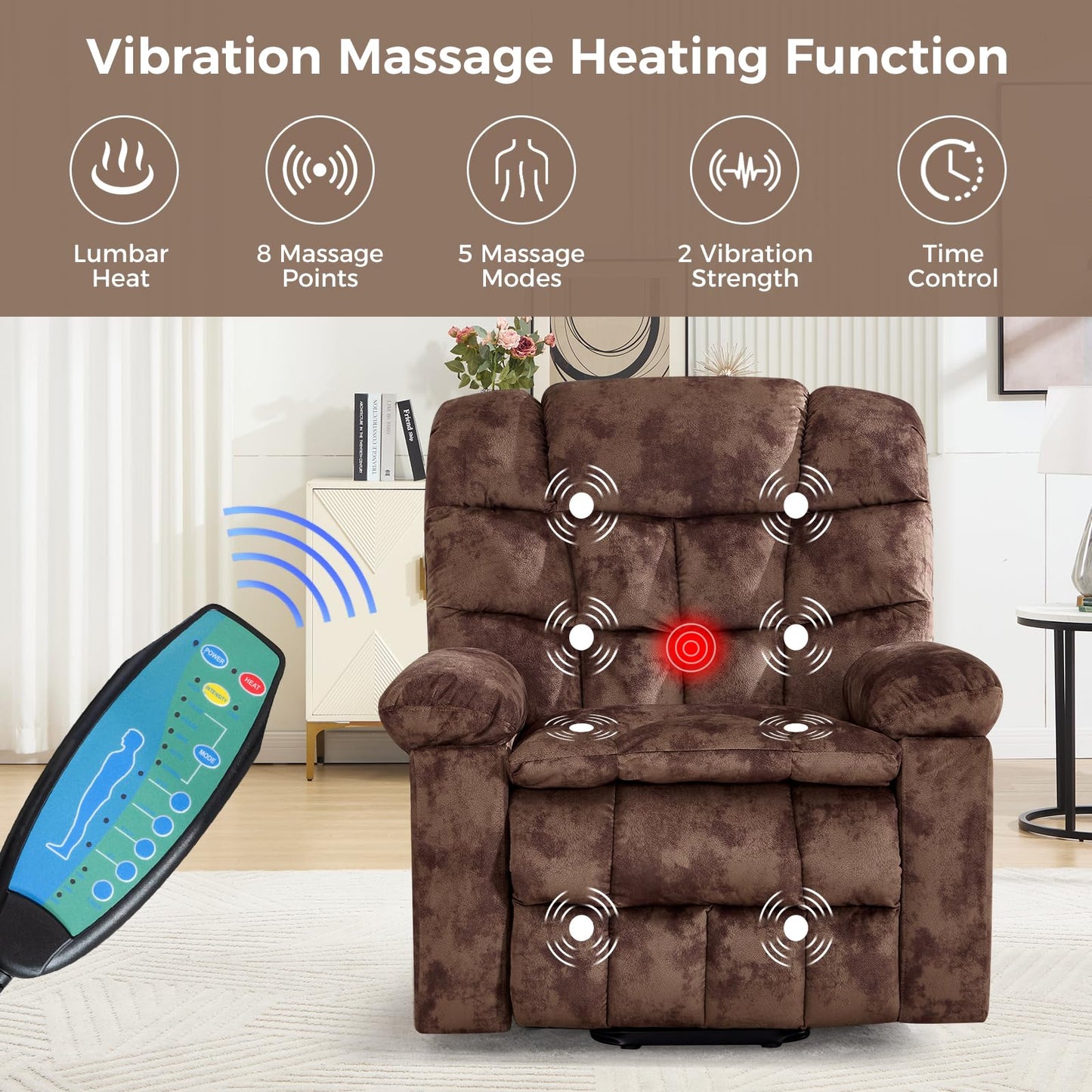 IOMOR Large Power Lift Recliner with Massage and Heat for Elderly, Heavy Duty & Safety Motion Reclining Mechanism, Ergonomic Electric Wider Chair with USB Port, 2 Hidden Cup Holders (1, Brown)