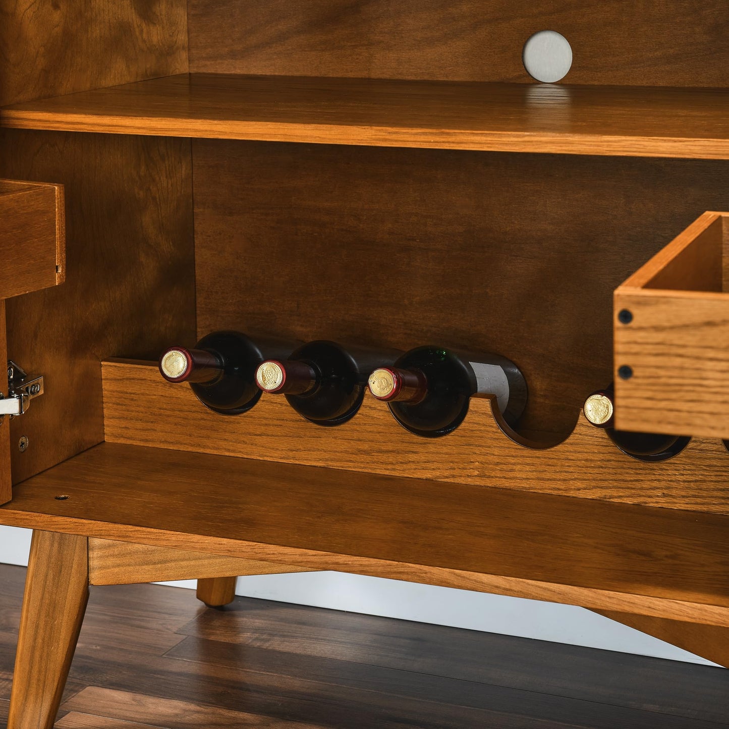 LKTART Wine Cabinet & Coffee Bar with Bottle Holders & Stemware Racks,Liquor Cabinet with Open Storage and Built-in Door Shelves,Bar Cabinet with Solid Wood Legs and Adjustable Shelf