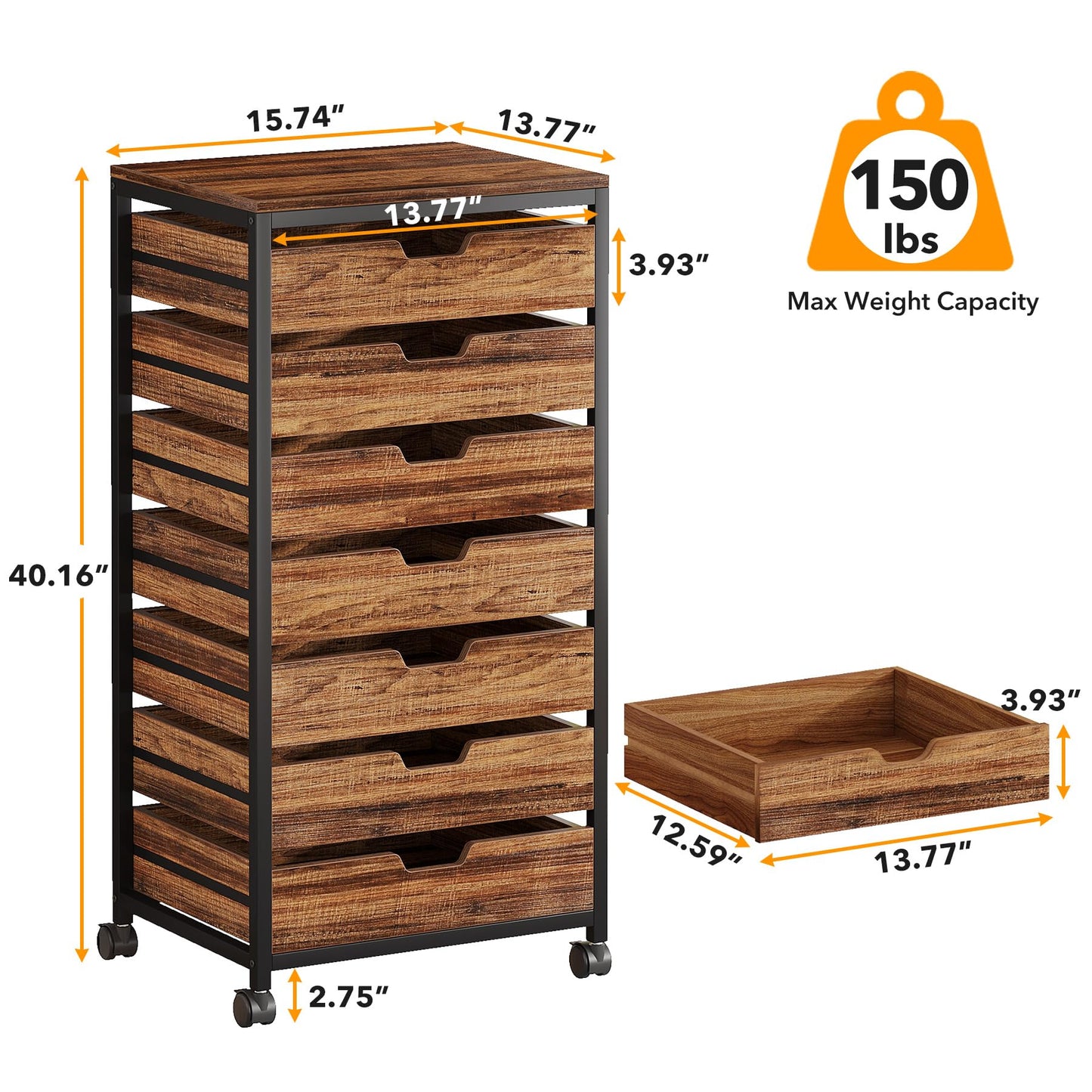 Tribesigns 5 Drawer Chest, Wood Storage Dresser Cabinet with Wheels, Industrial Storage Drawer Organizer Cart for Office Bedroom Entryway (Rustic Brown, 1 PC)