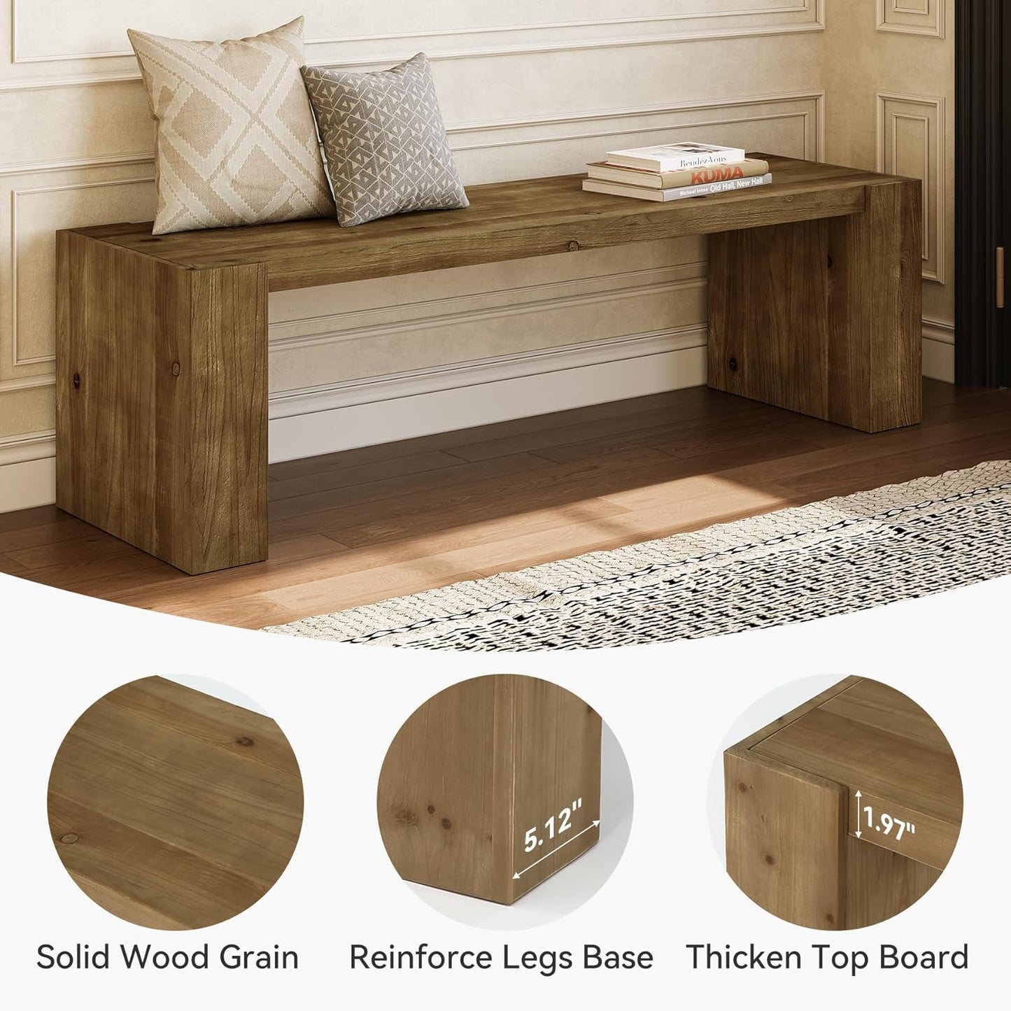59-Inch Solid Wood Dining Bench, Farmhouse Kitchen Bench for Dining Room, Living Room, Restaurant