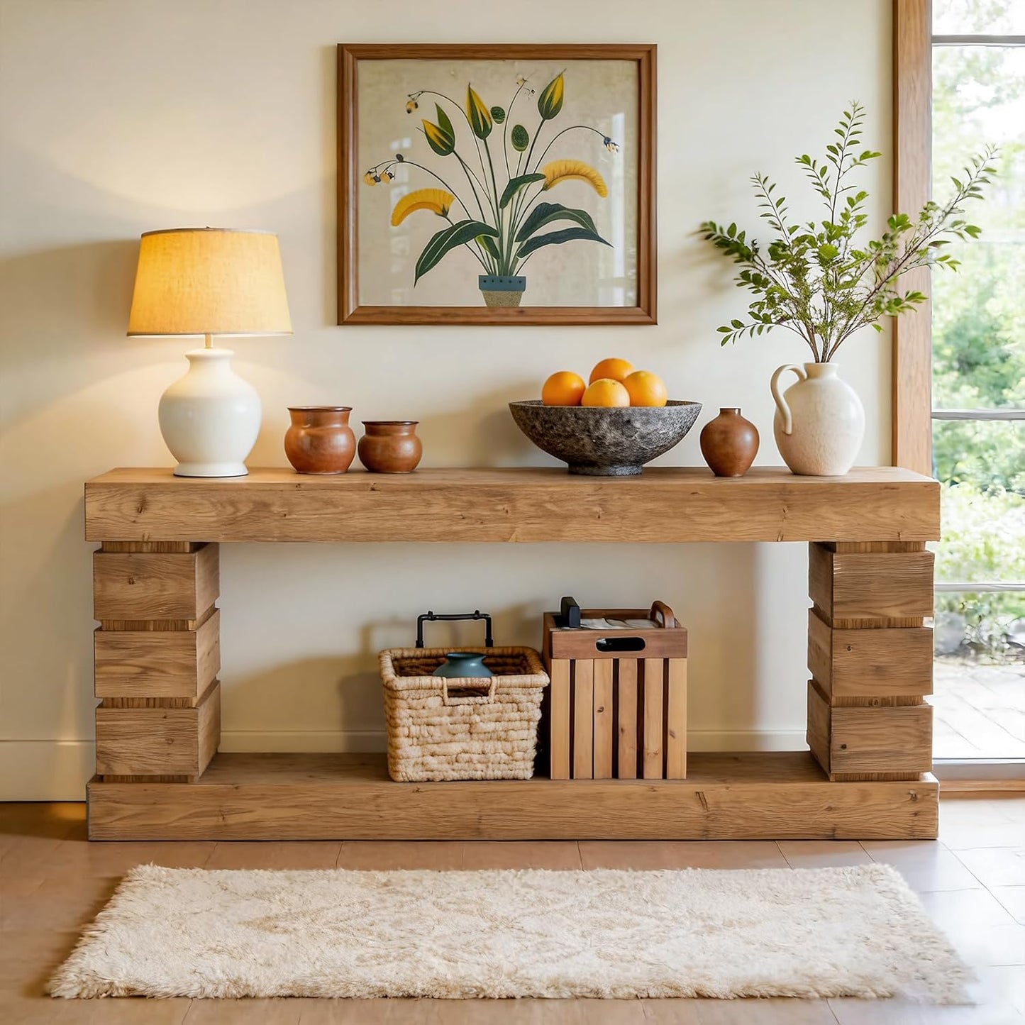 Solid Wood Console Table for Entryway, 62.9-Inch Long Narrow Sofa Table with Storage Shelf for Living Room Hallway