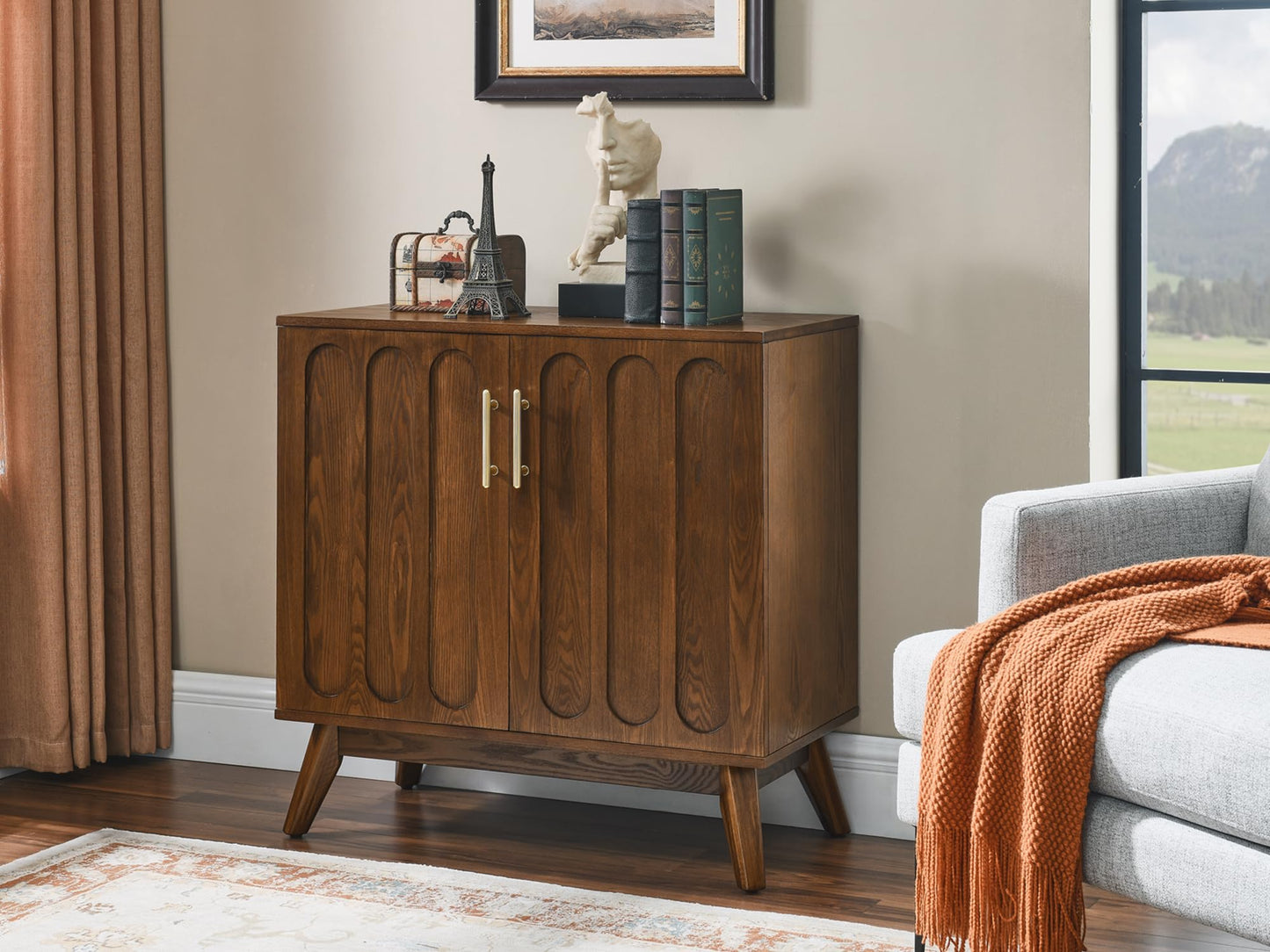 LKTART Mid Century Modern Storage Cabinet with Rattan Sliding Doors and Open Shelves, Boho Style Wooden Sideboard Buffet for Living Room,Dark Walnut