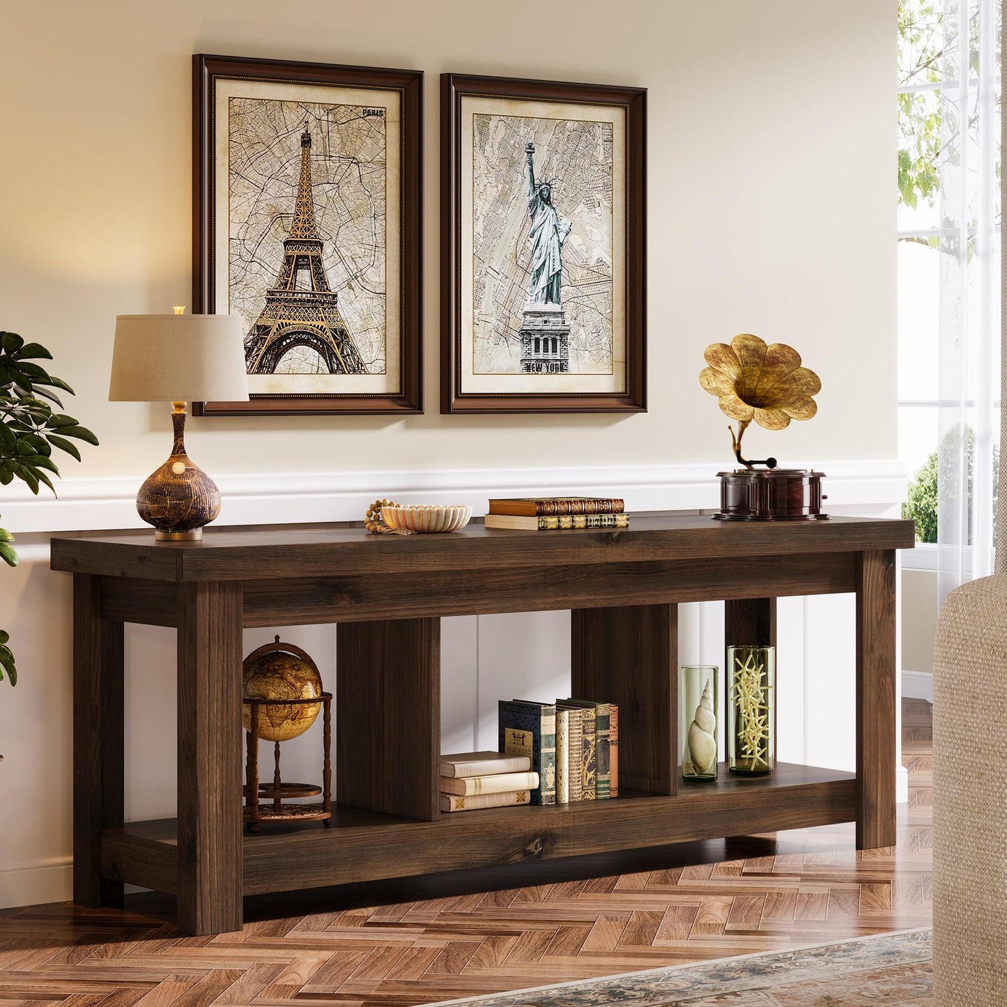 Solid Wood Console Table, 63-Inch Entryway Table with Storage, Long Wooden Sofa Table Behind Couch for Entryway, Hallway, Foyer, Living Room, Natural Wood