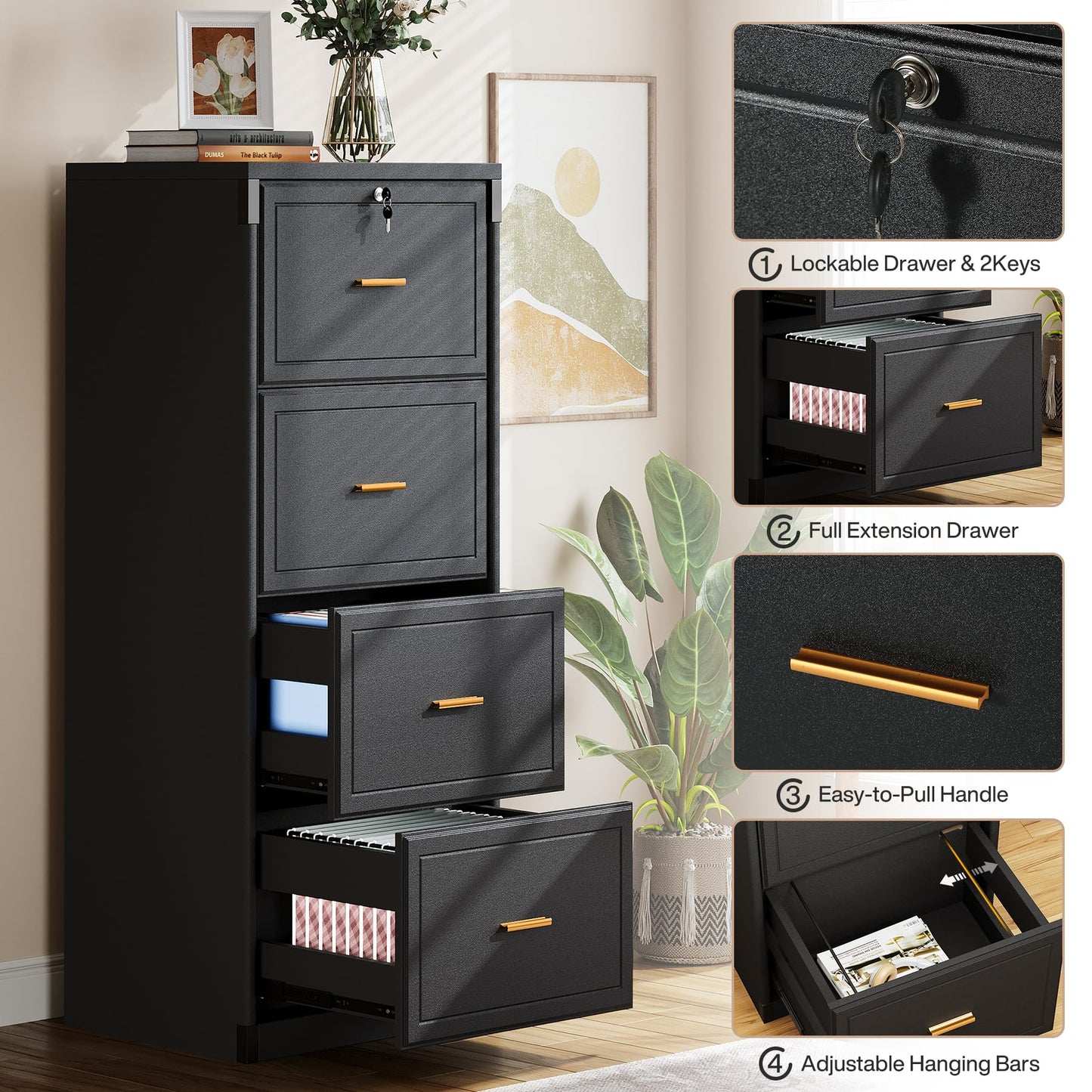 Tribesigns 4-Drawer File Cabinet with Lock, Locked File Cabinet with Key, Tall Wooden Filing Cabinets for Home Office, Vertical Office Storage for Legal Size/Letter/A4/Files, Brown