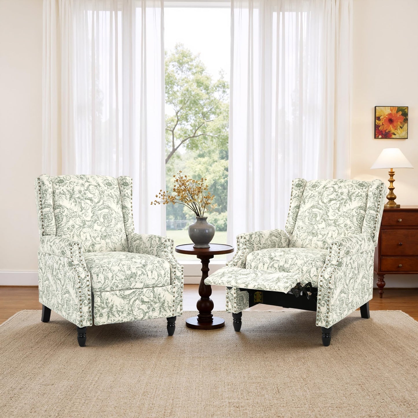 Pushback Recliner Chair, Printed Fabric Wingback Recliner Chair for Living Room, Upholstered Armchair Push Back Recliner with Wood Legs, Rivet Trim Wingback Accent Chair for Bedroom, Navy