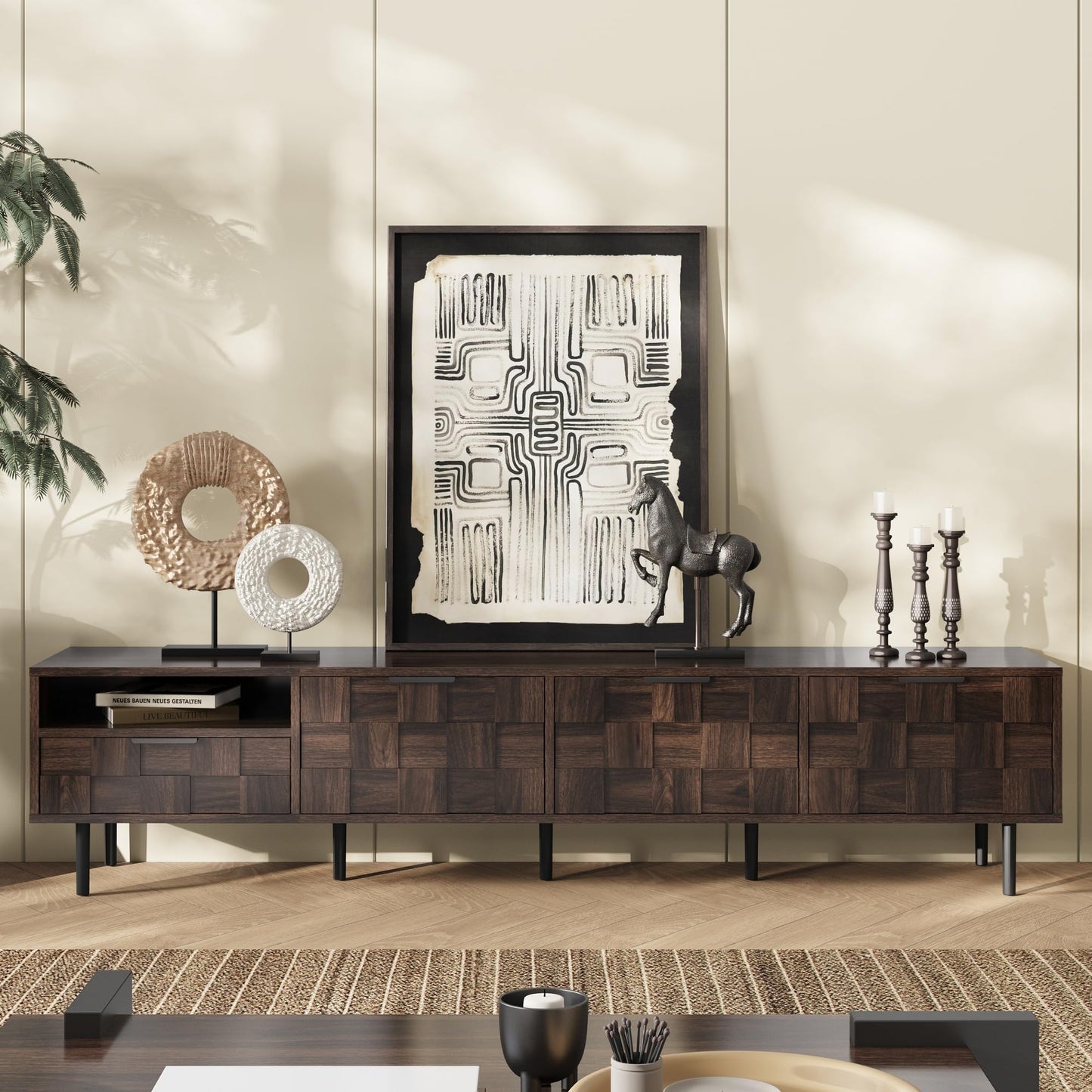 LKTART 67" Mid Century Modern TV Stand for 65/70/75/80" TVs,Entertainment Center with Sliding Doors and Drawers,Media Console for Living Room