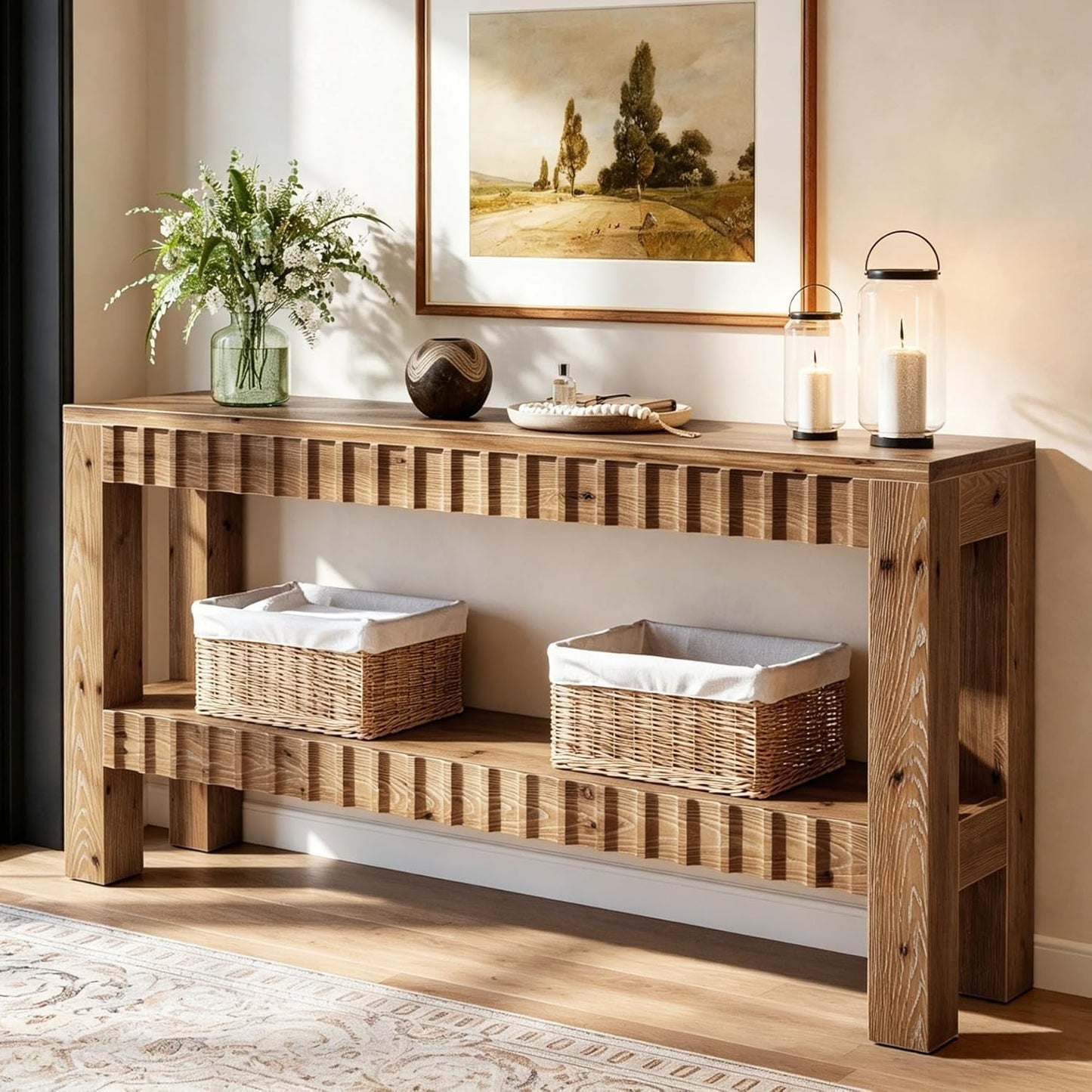 Solid Wood Console Table, 63" Farmhouse Wooden Entryway Table with Fluted Deign, 2-Tier Rectangular Narrow Sofa Table Behind Couch for Entryway, Hallway, Living Room, Rustic Brown