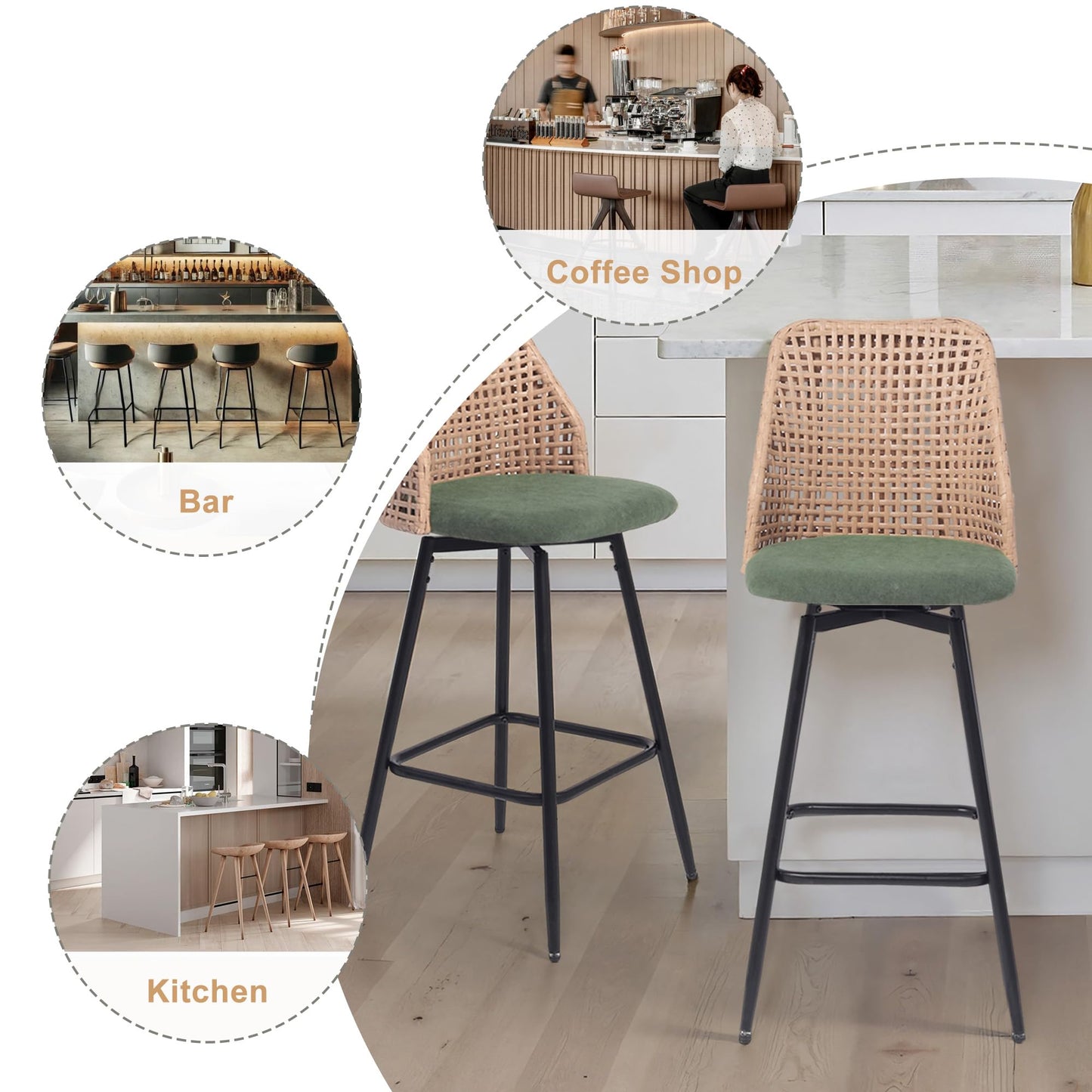 28.7" Swivel Bar Stools Set of 2, Mid Century Modern Counter Height Barstools with Rattan Backrest, Upholstered Chenille Armless Bar Chair Island Stools for Kitchen Island, Bar, Beige
