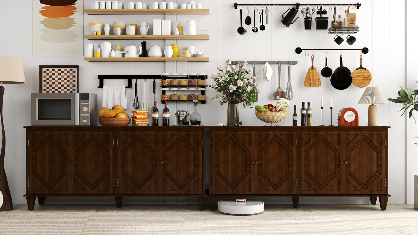 LKTART 65" Mid Century Sideboard Buffet Cabinet with Solid Wood Legs,Accent Storage Cabinet Credenza with 4 Doors for Living Room,Entryway,Kitchen(Walnut)