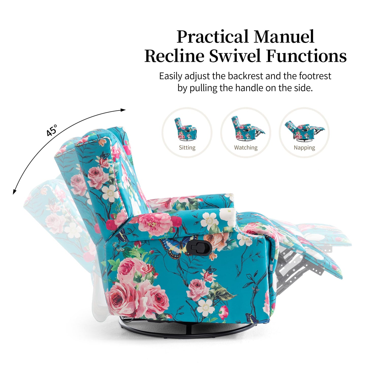 Swivel Rocker Recliner Chair, 360° Swivel Wingback Recliner Chairs for Adults, Upholstered Printed Fabric Glider Rocking Chair with High Back, Deep Seat for Living Romm Bedroom, Bird
