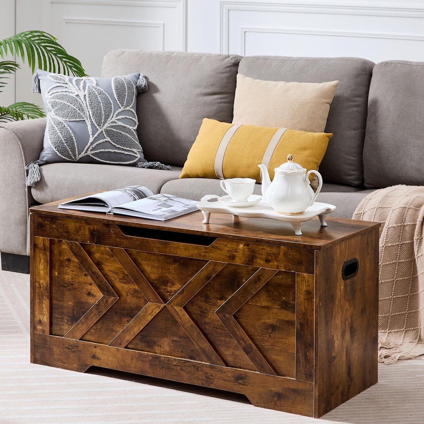 47.2” Storage Bench,Extra Large Wooden Storage Chest with 2 Safety Hinges,entryway Bench,Blanket Storage,Shoe Storage Bench for Entryway,Bedroom,Living Room,Easy Assembly.-Greige