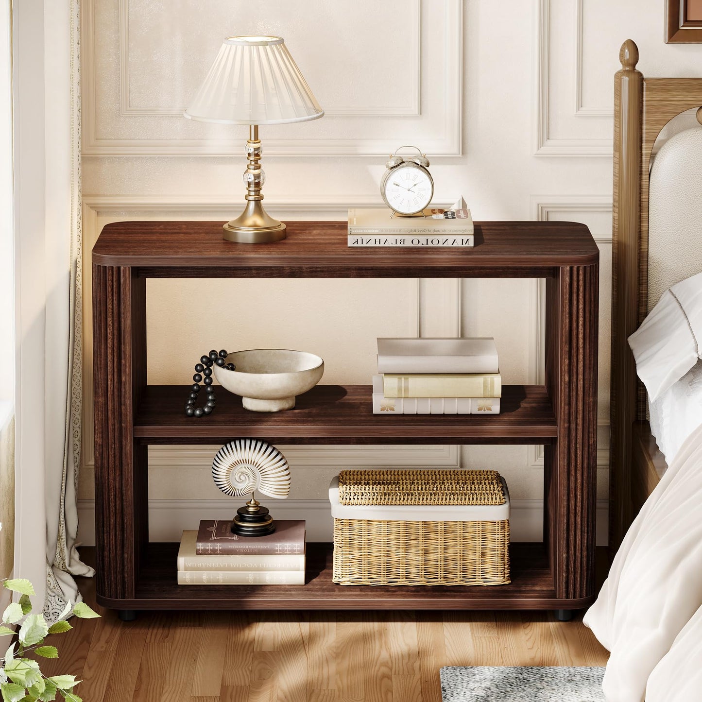 Tribesigns Narrow Side Table, 3-Tier End Table for Living Room, Small Fluted Nightstand with Storage Shelves, Farmhouse Bedside Table for Bedroom, Small Spaces, Sofa Couch, Dark Walnut