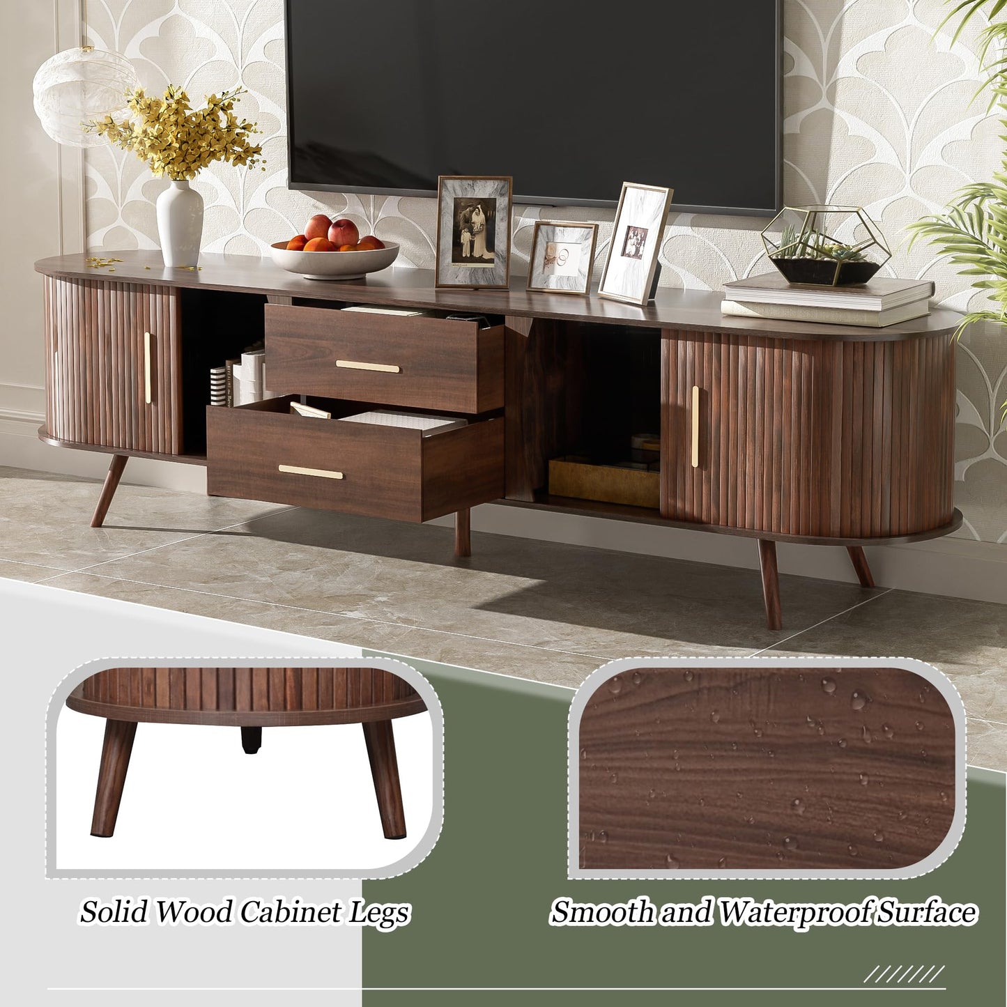 LKTART 67" Mid Century Modern TV Stand for 65/70/75/80" TVs,Entertainment Center with Sliding Doors and Drawers,Media Console for Living Room