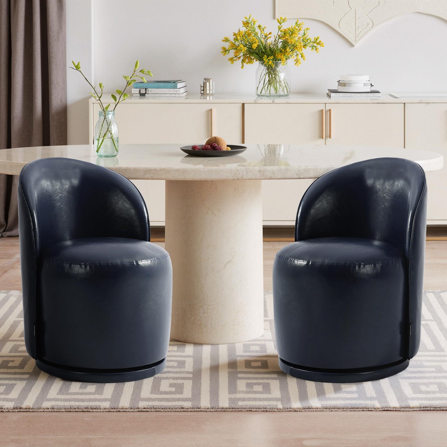 Swivel Barrel Dining Chairs Set of 2, Faux Leather Upholstered Round Dining Chairs, 360° Swivel Vanity Chair Comfy Armless Accent Makeup Chair for Dining/Living Room Makeup Room, Brown