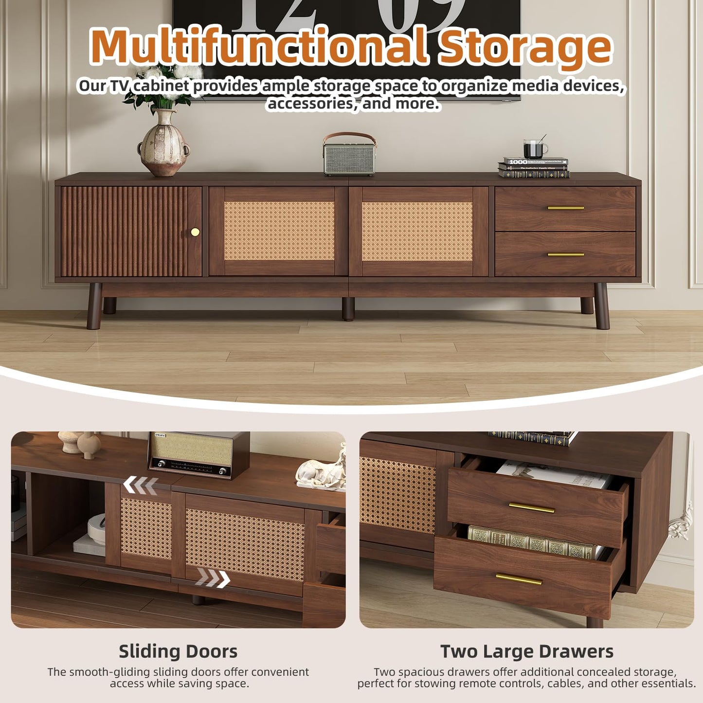 LKTART 67" Mid Century Modern TV Stand for 65/70/75/80" TVs,Entertainment Center with Sliding Doors and Drawers,Media Console for Living Room