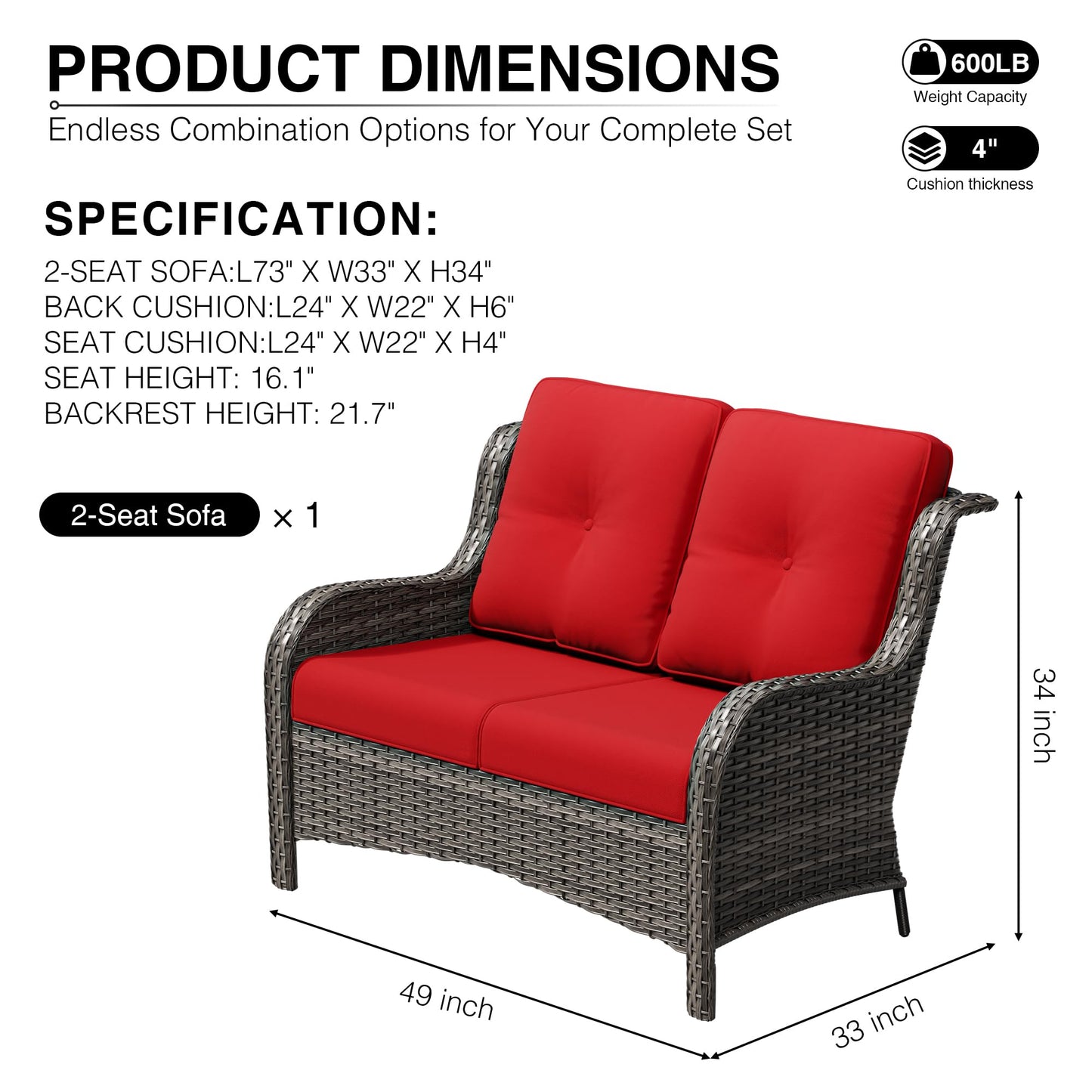 Joyside Outdoor Patio Couch,Outdoor Wicker Loveseat with High Back, Deep Seating, Wide Armrest, Thickened Cushions, Patio Loveseat for Deck, Porch Use