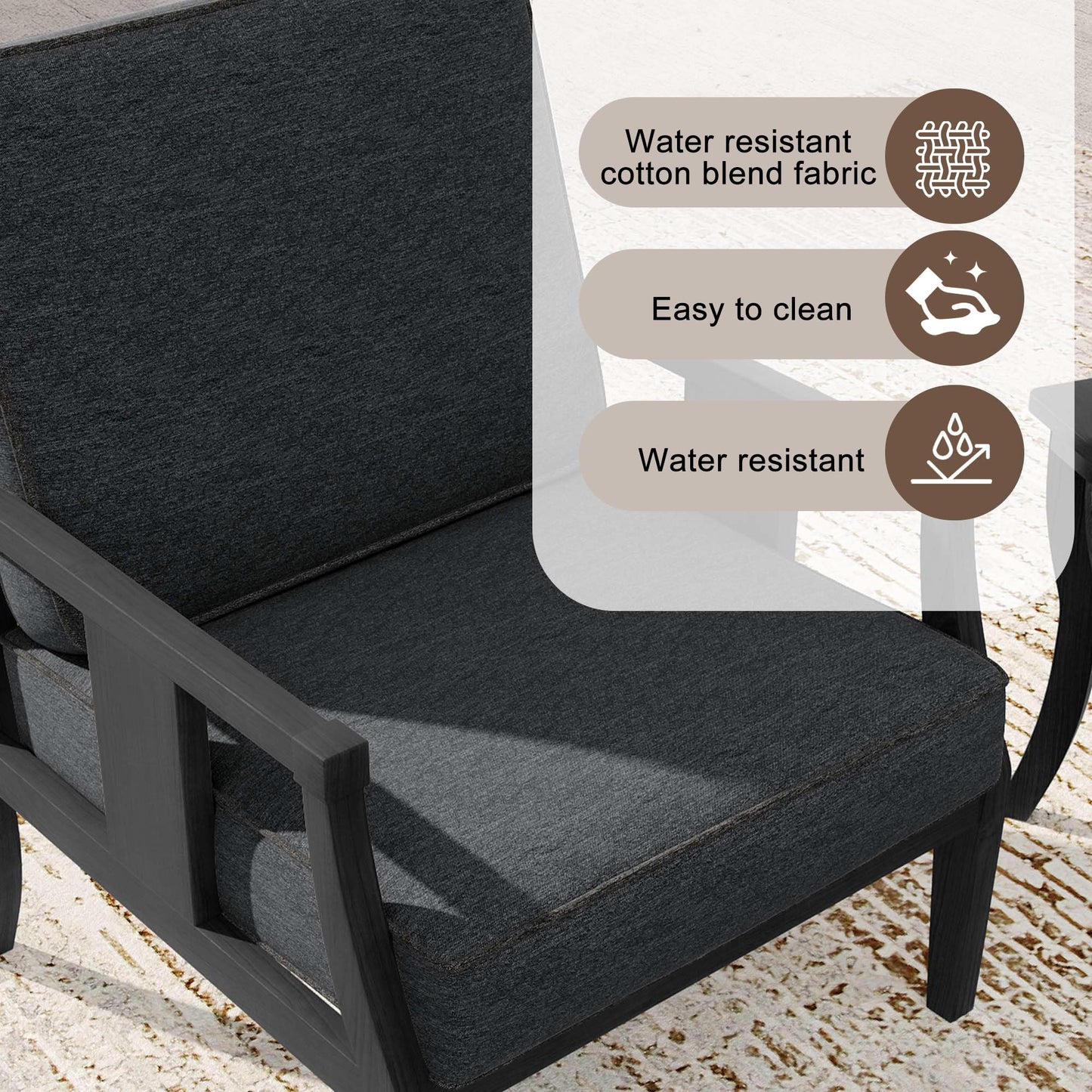 Outdoor Patio Armchairs Set of 2, All-Weather Solid Wood Patio Furniture Sets, Outdoor Sofa Chairs with Washable Thick Cushions for Porch, Balcony, Deck, Black Frame & Gray Cushion
