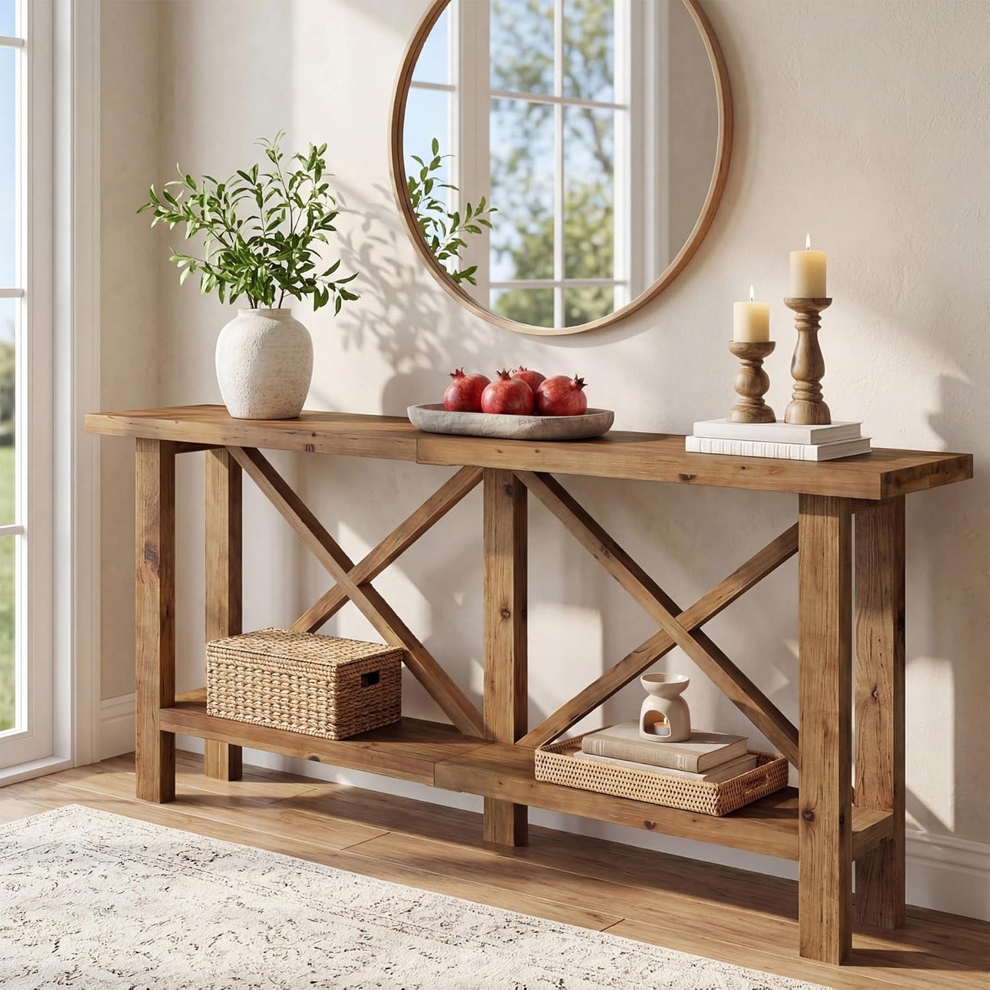 Solid Wood Console Table, 70.9-Inch Long Narrow Entryway Table with Storage, 2-Tier Farmhouse Sofa Console Behind Couch for Hallway, Foyer, Living Room, Entrance, Rustic Brown
