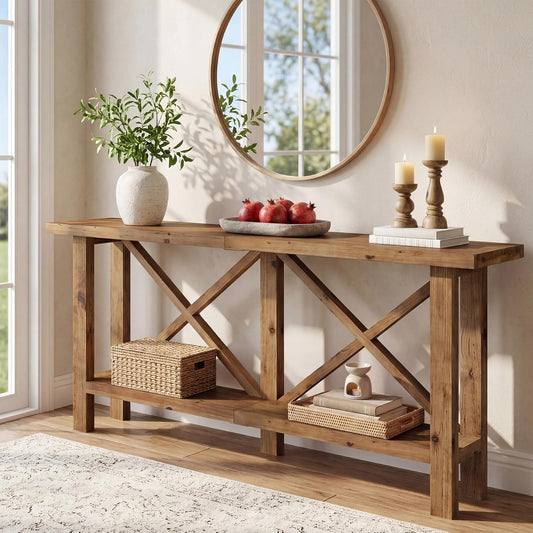 Solid Wood Console Table, 70.9-Inch Long Narrow Entryway Table with Storage, 2-Tier Farmhouse Sofa Console Behind Couch for Hallway, Foyer, Living Room, Entrance, Rustic Brown