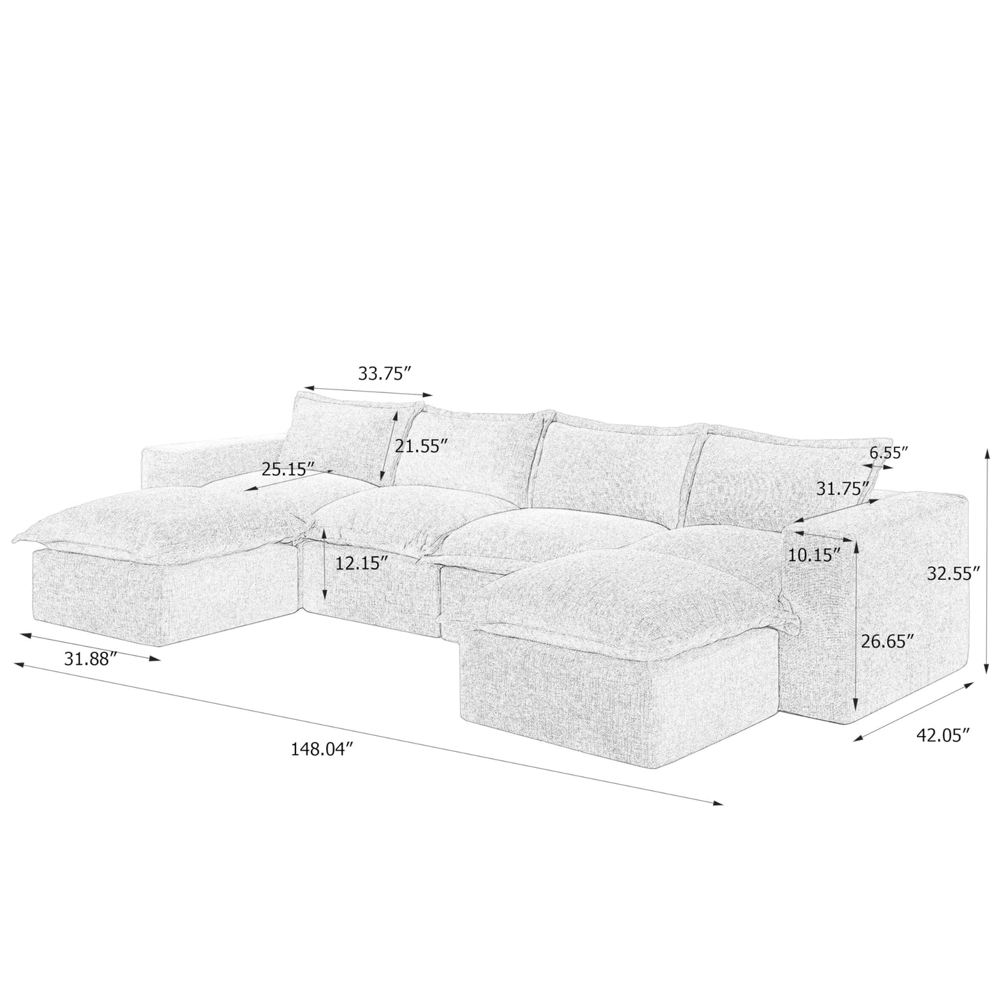 116" Modular Sectional Sofa, Comfy L Shaped Modular Coush Sofa with Ottoman, 3-Seat Chenille Cloud Couches Deep Seat Sofa for Living Room, Apartment, Small Spaces, Beige