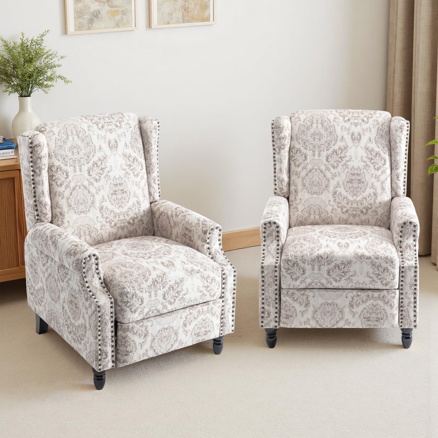 Pushback Recliner Chair, Printed Fabric Wingback Recliner Chair for Living Room, Upholstered Armchair Push Back Recliner with Wood Legs, Rivet Trim Wingback Accent Chair for Bedroom, Navy