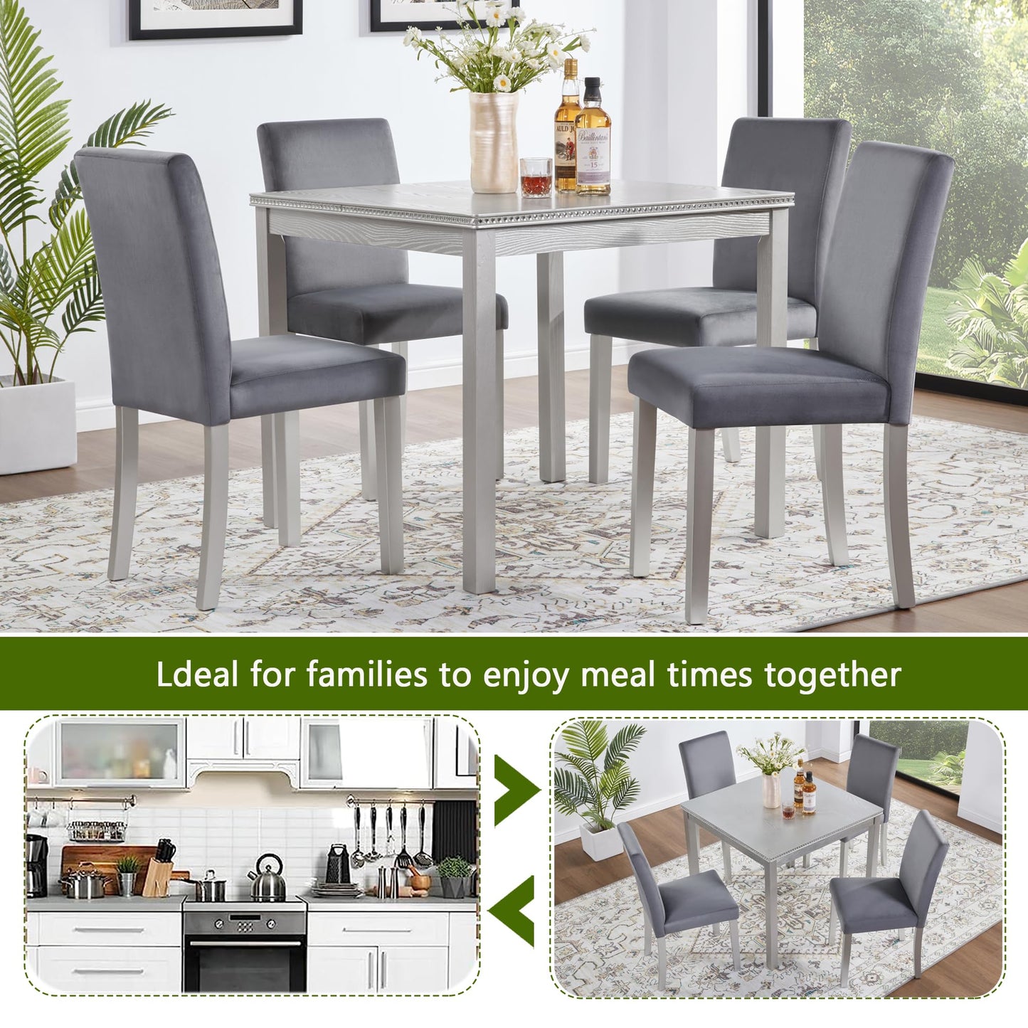 LKTART 5-Piece Kitchen & Dining Room Table and Chairs Sets,Small Square Kitchen Table with 4 Upholstered XX-Shaped Backrest Chairs,Walnut