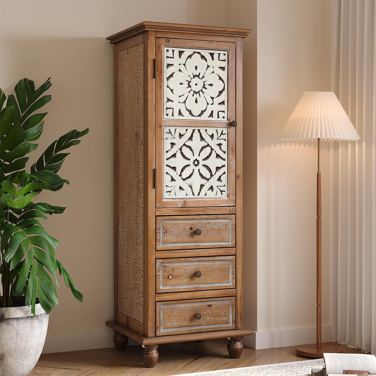 LKTART KTART 55'' Tall Kitchen Pantry Cupboard Storage Cabinet with Shelves & Drawer,French Country Accent Cabinet with Embossed Floral Metal Doors and Solid Wood Frame,Natural Wood