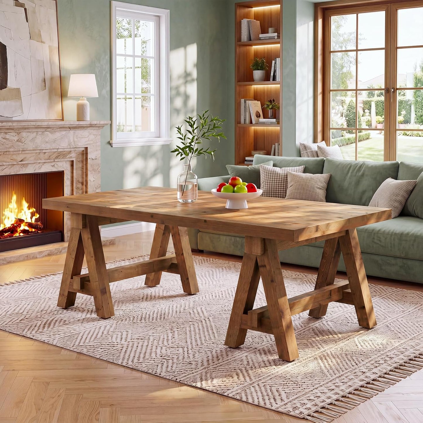Solid Wood Coffee Table, 47" Rustic Farmhouse Center Table, Natural Wood Rectangular Coffee Tea Accent Furniture with Trestle Base & Spacious Tabletop for Living Room, Lounge, Home Office