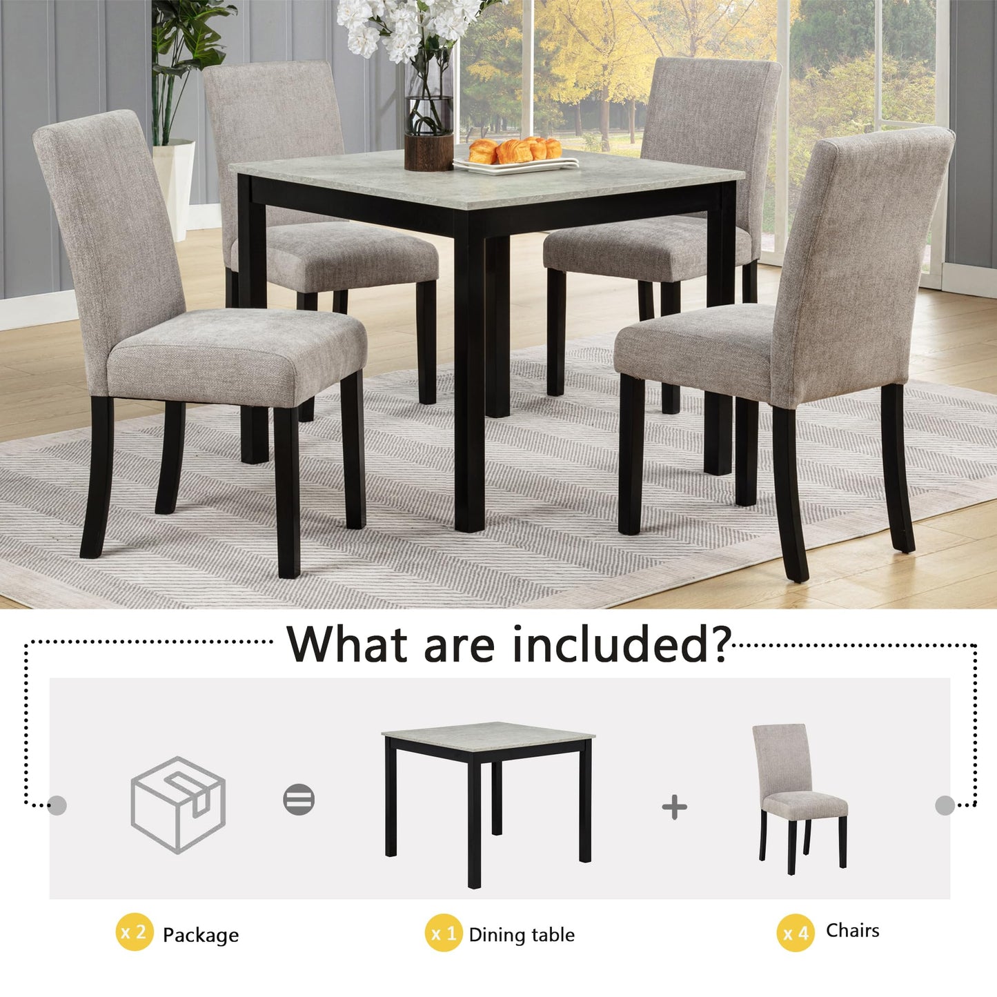 LKTART 5-Piece Kitchen & Dining Room Table and Chairs Sets,Small Square Kitchen Table with 4 Upholstered XX-Shaped Backrest Chairs,Walnut