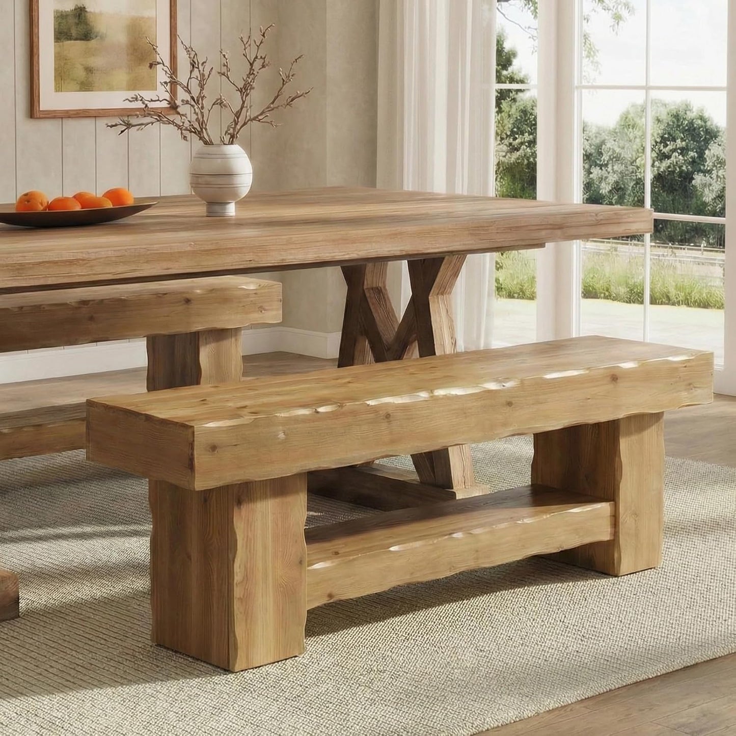 63" Solid Wood Dining Bench, Farmhouse Kitchen Table Bench with Storage Shelf, Kitchen & Living Room Furniture, Easy to Assemble, Sturdy and Stable, Rustic Brown